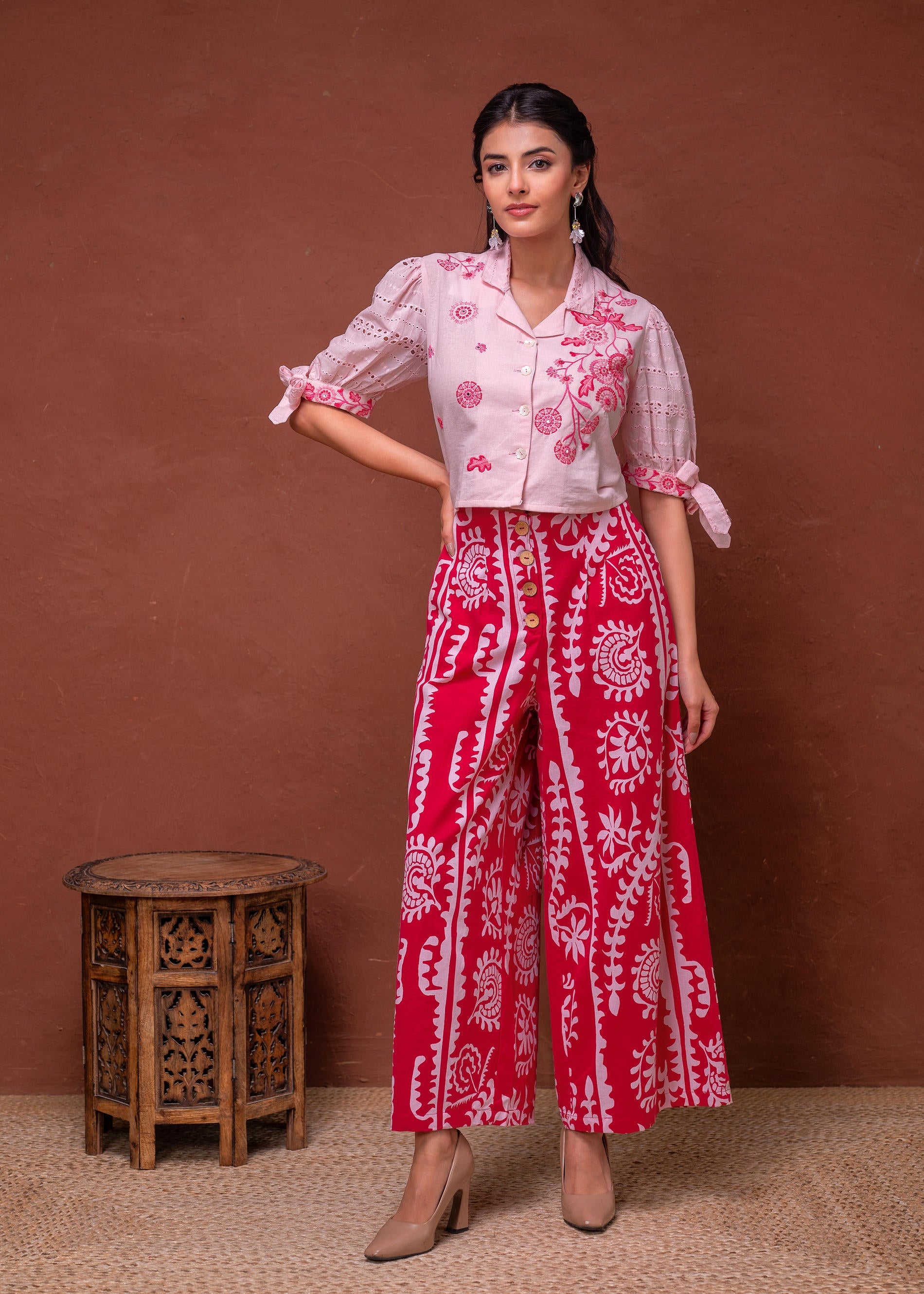 Embroidered Co-ord Set with Eyelet Shirt and Printed Wide-Leg Pants