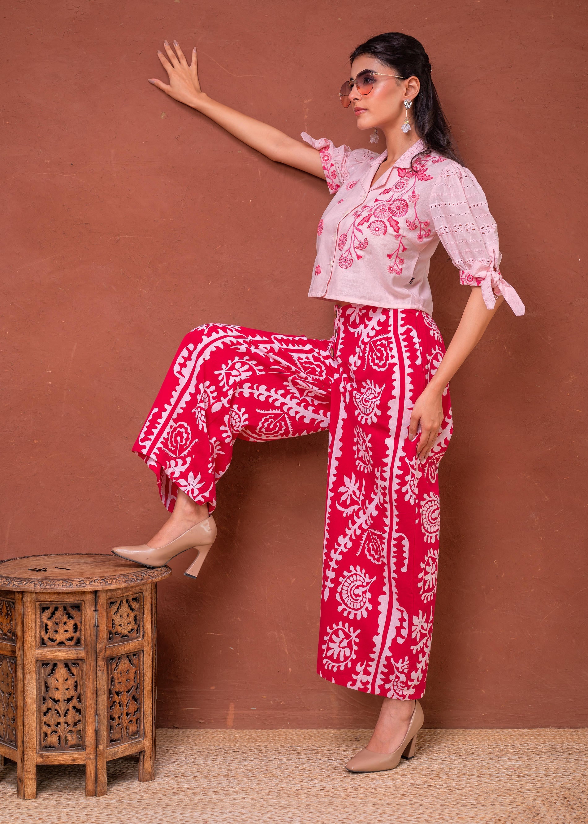 Embroidered Co-ord Set with Eyelet Shirt and Printed Wide-Leg Pants