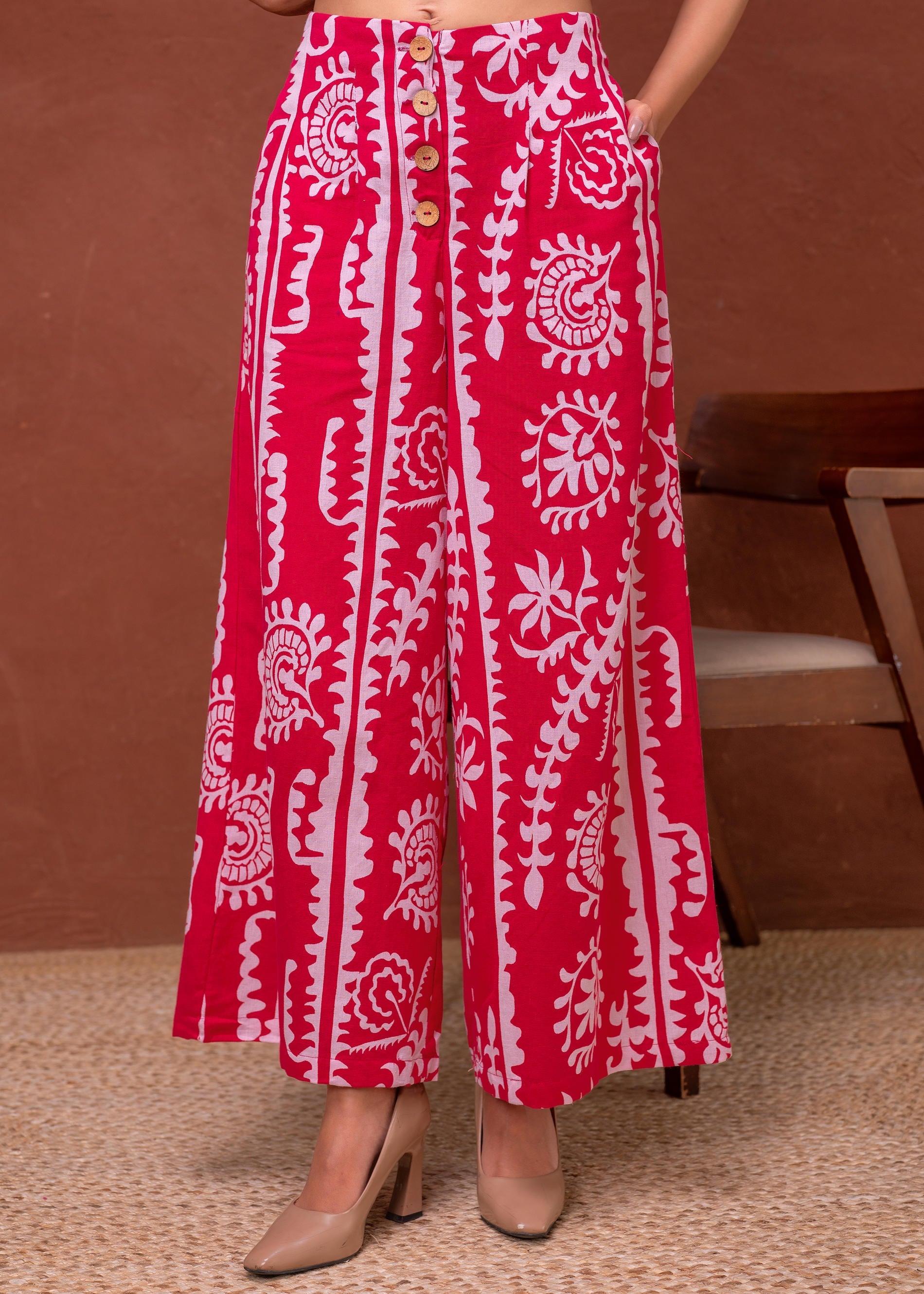 Embroidered Co-ord Set with Eyelet Shirt and Printed Wide-Leg Pants
