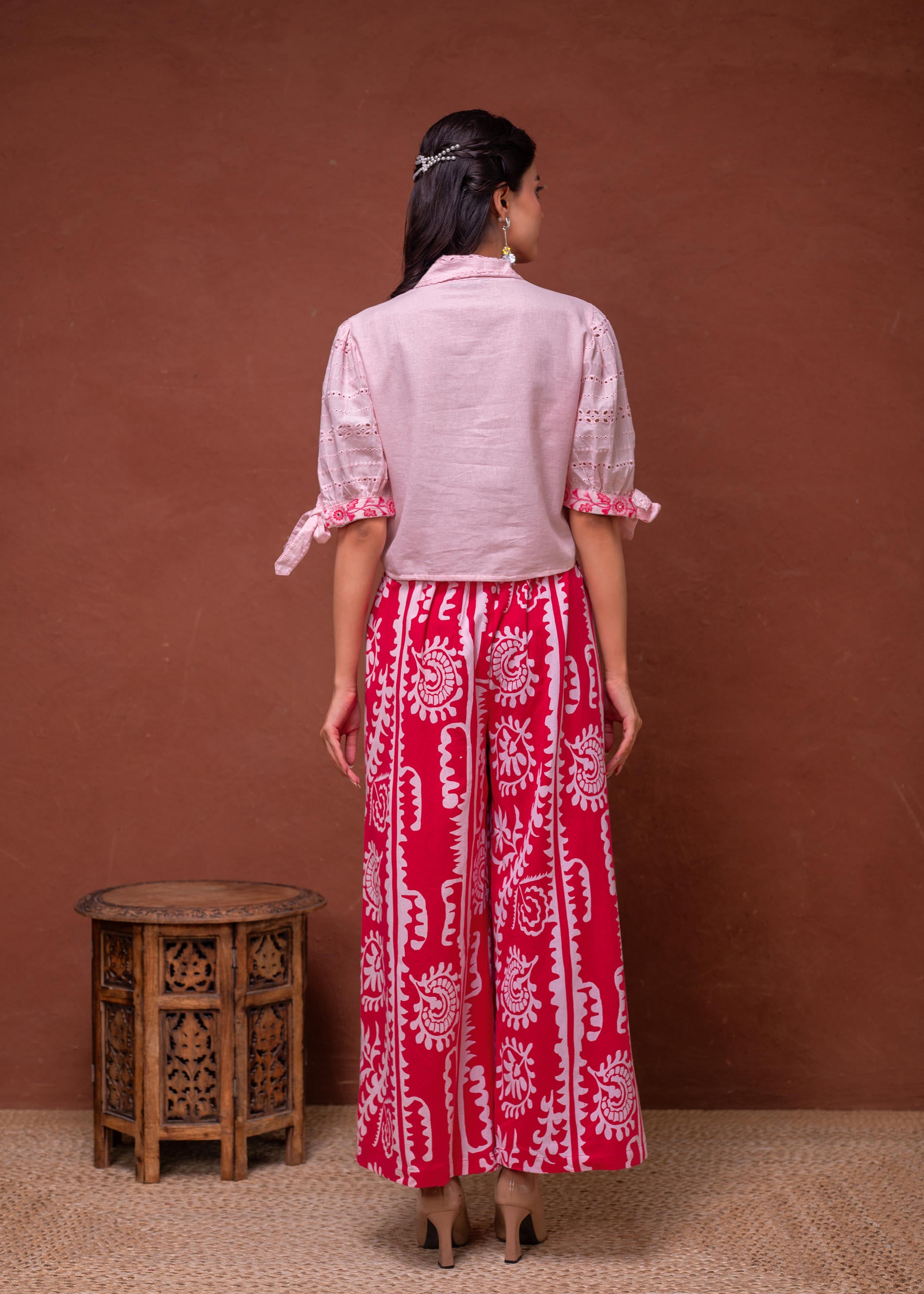 Embroidered Co-ord Set with Eyelet Shirt and Printed Wide-Leg Pants