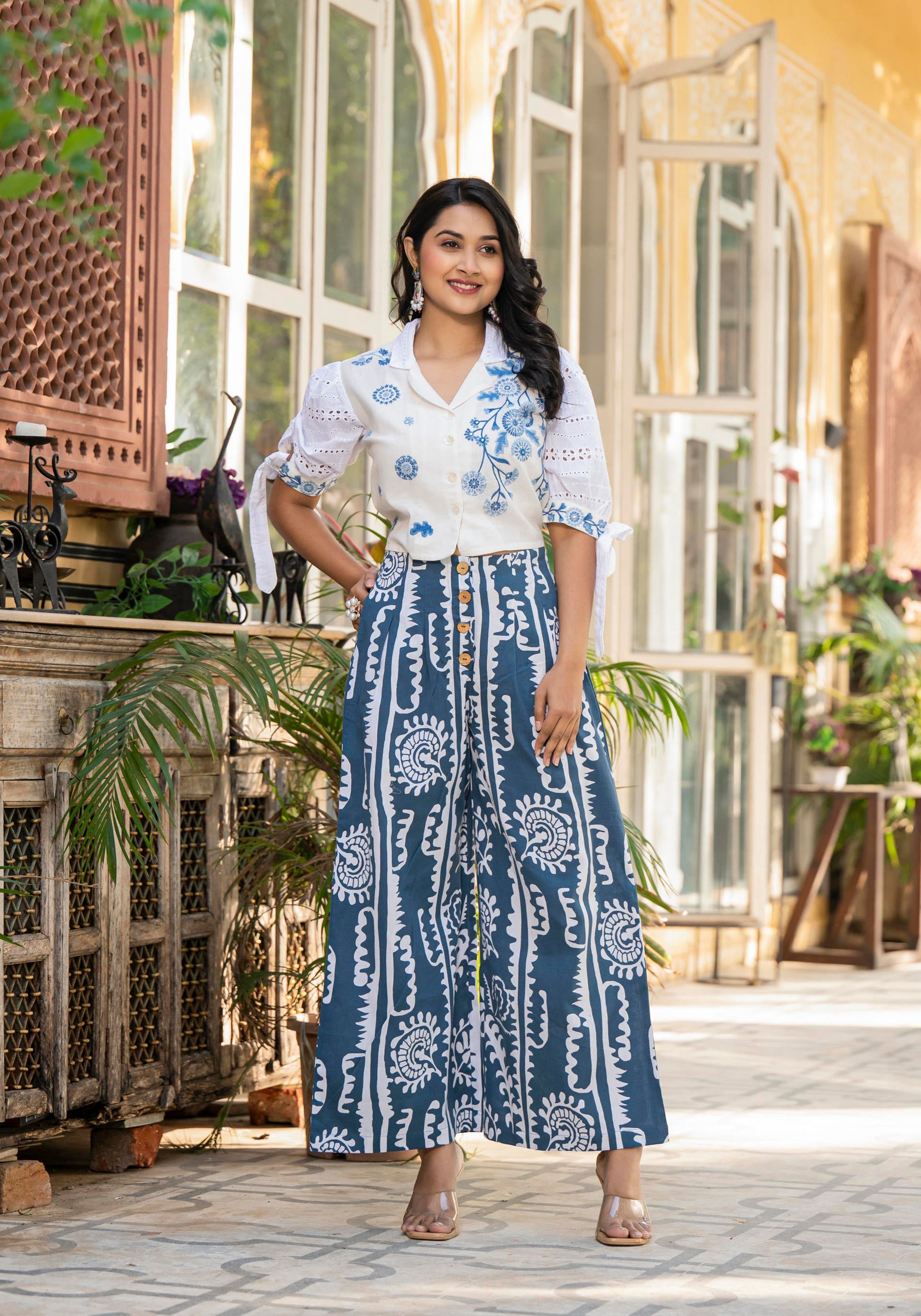 Embroidered Co-ord Set with Eyelet Shirt and Printed Wide-Leg Pants