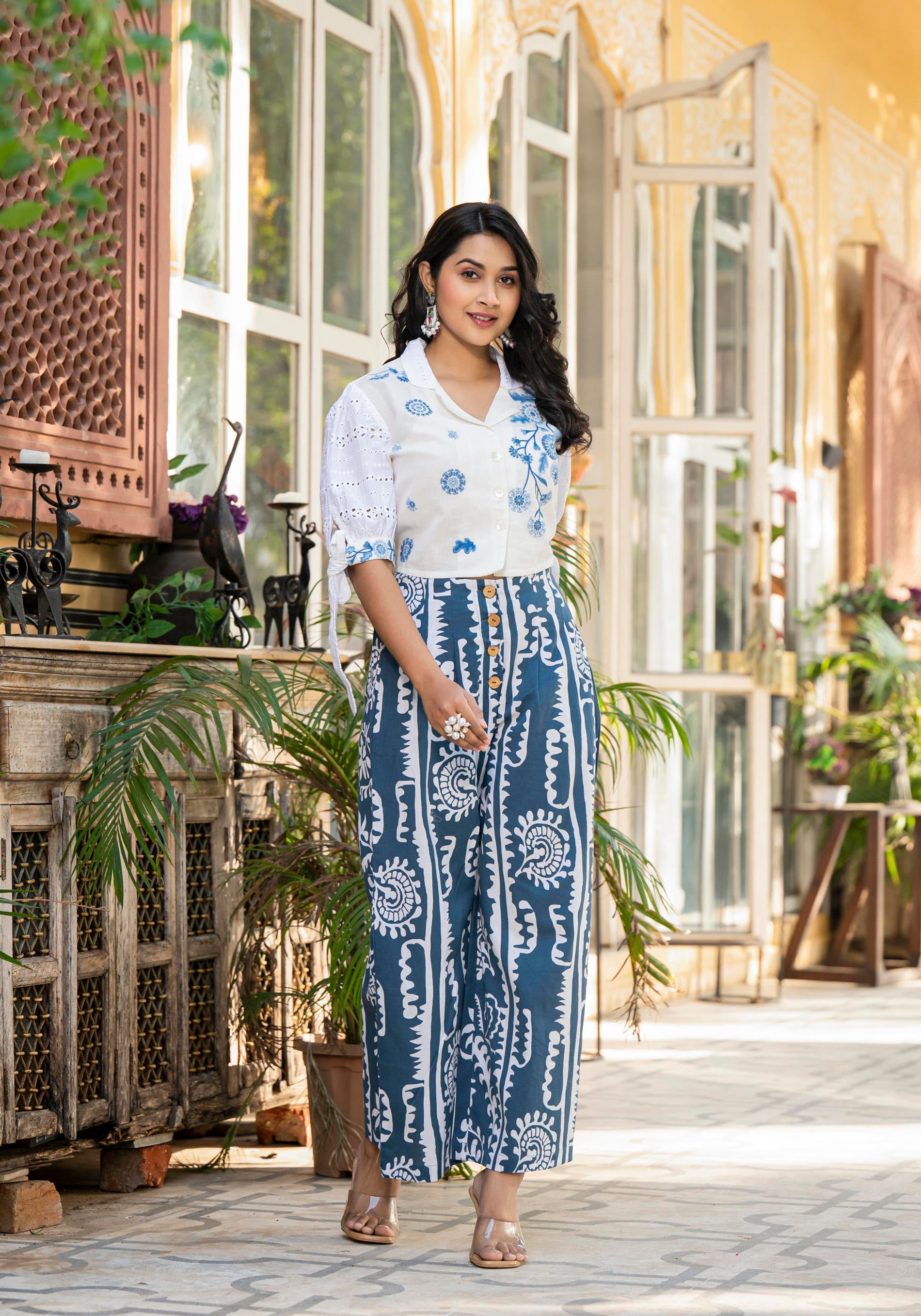 Embroidered Co-ord Set with Eyelet Shirt and Printed Wide-Leg Pants