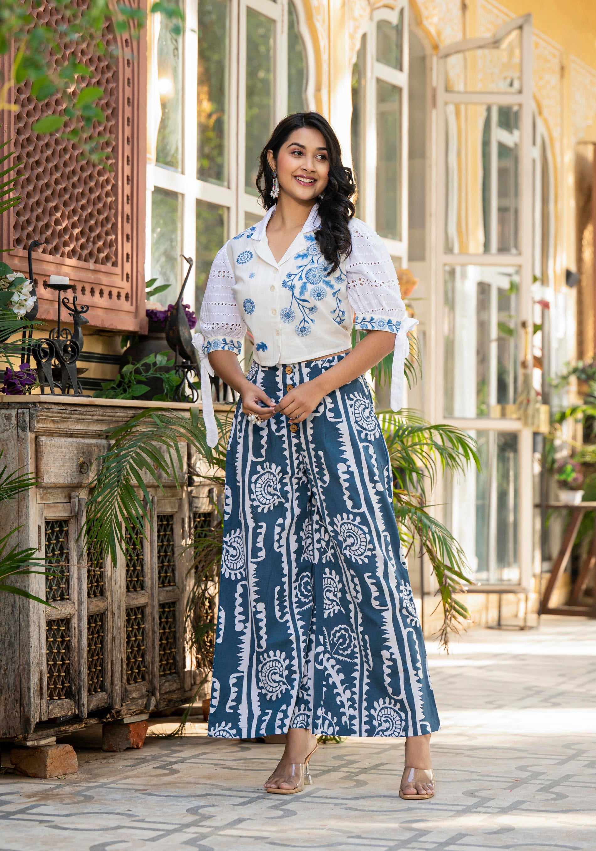 Embroidered Co-ord Set with Eyelet Shirt and Printed Wide-Leg Pants