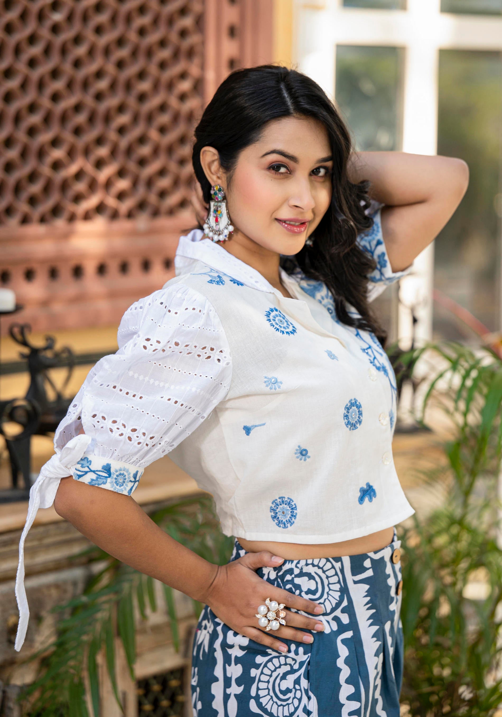 Embroidered Co-ord Set with Eyelet Shirt and Printed Wide-Leg Pants