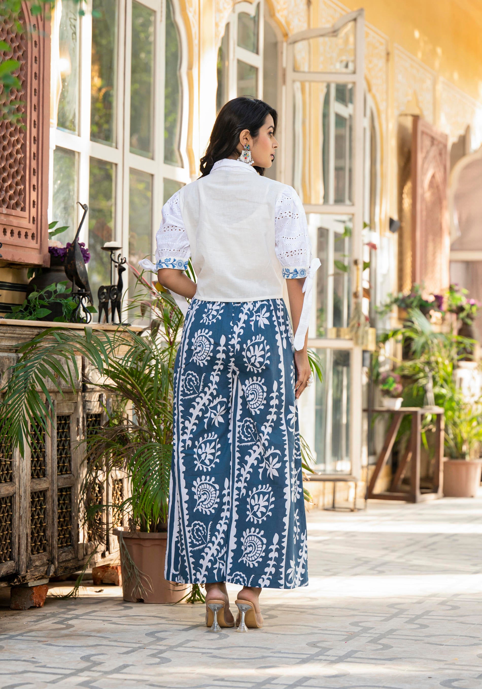 Embroidered Co-ord Set with Eyelet Shirt and Printed Wide-Leg Pants