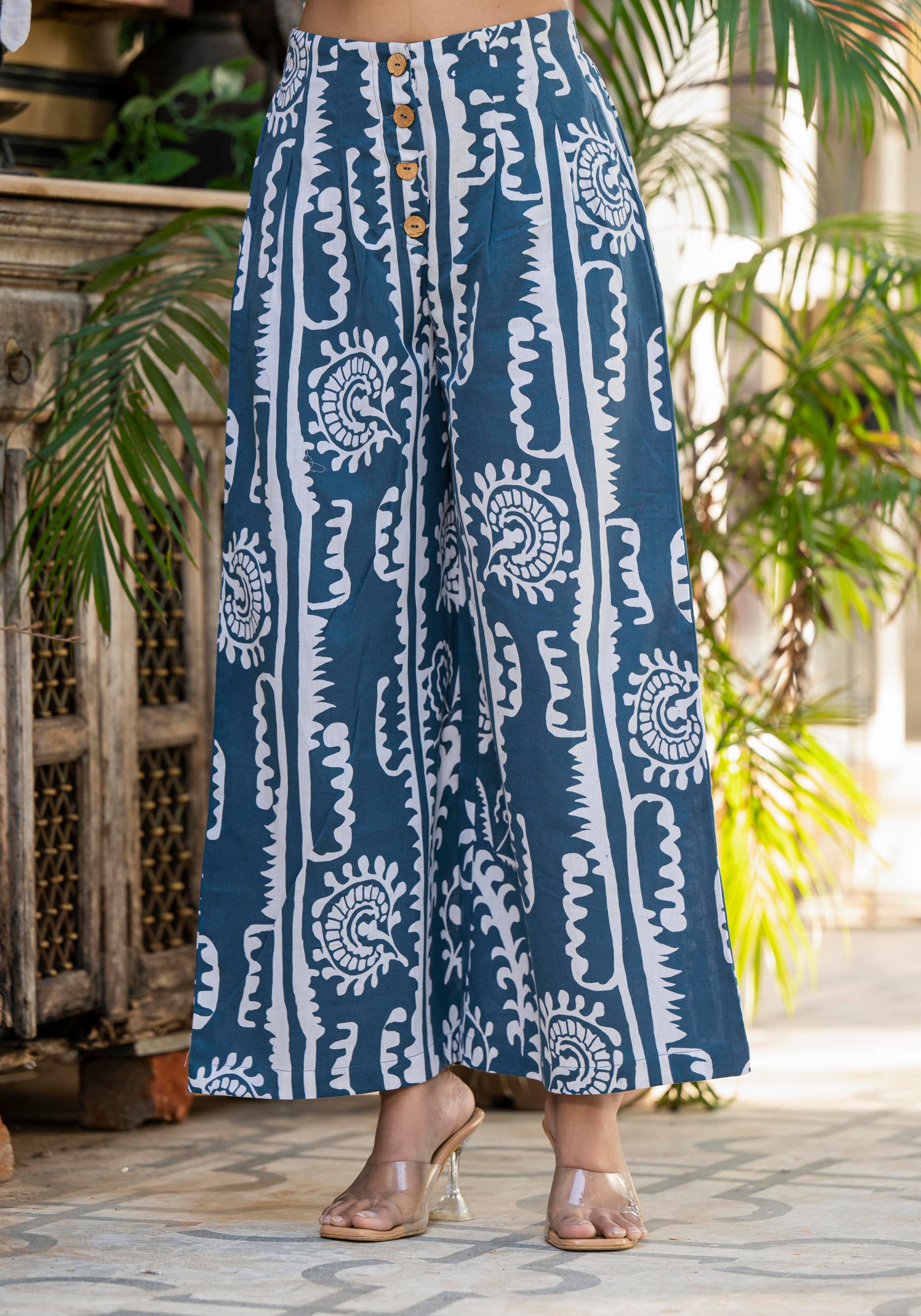 Embroidered Co-ord Set with Eyelet Shirt and Printed Wide-Leg Pants