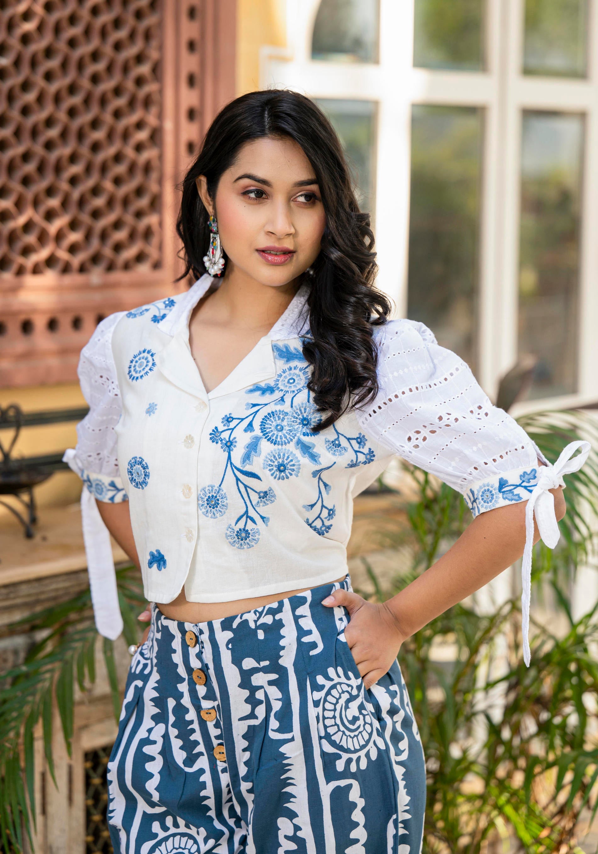 Embroidered Co-ord Set with Eyelet Shirt and Printed Wide-Leg Pants