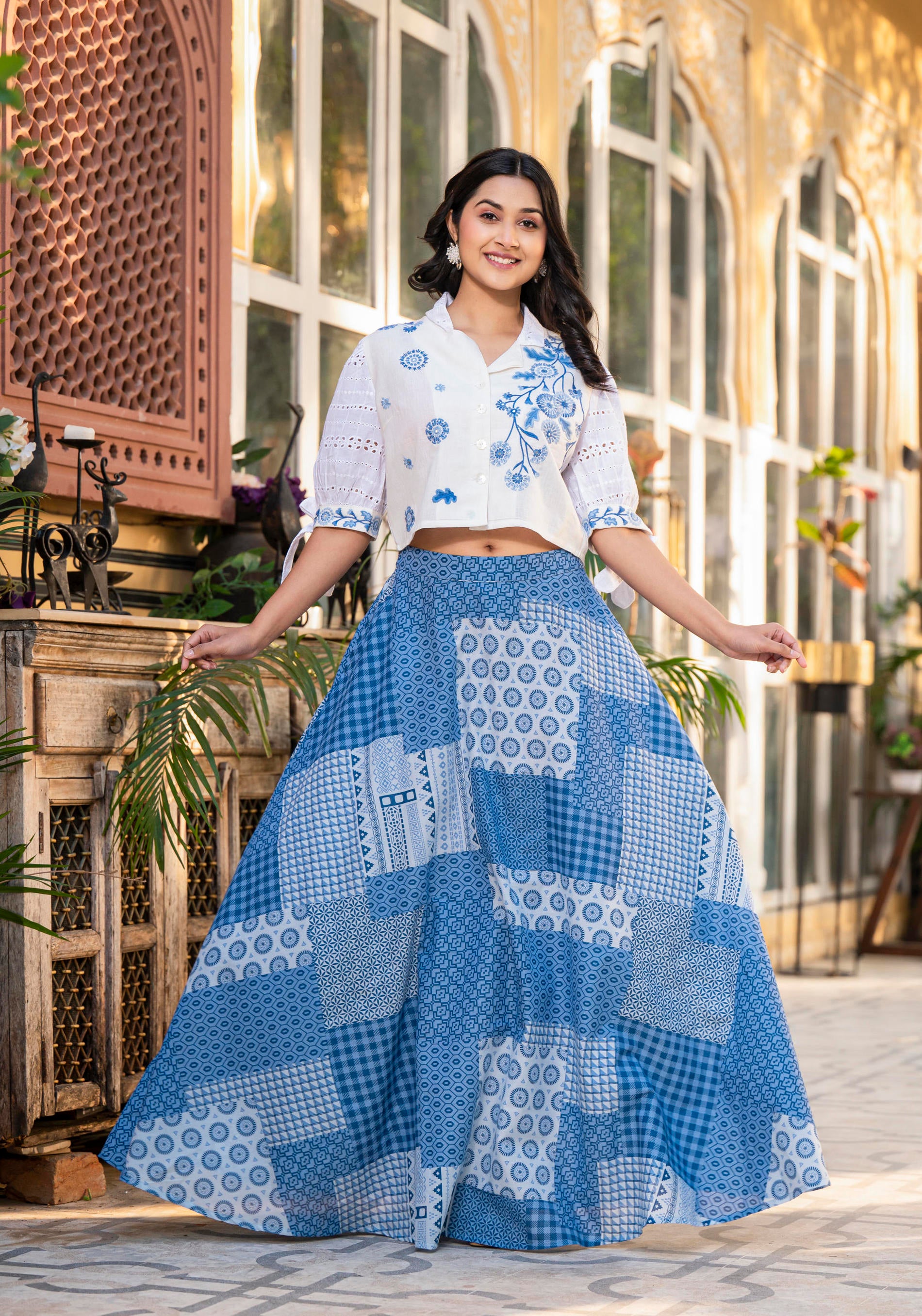 Blue Geometric Printed Cotton Top & Skirt With Thread Work