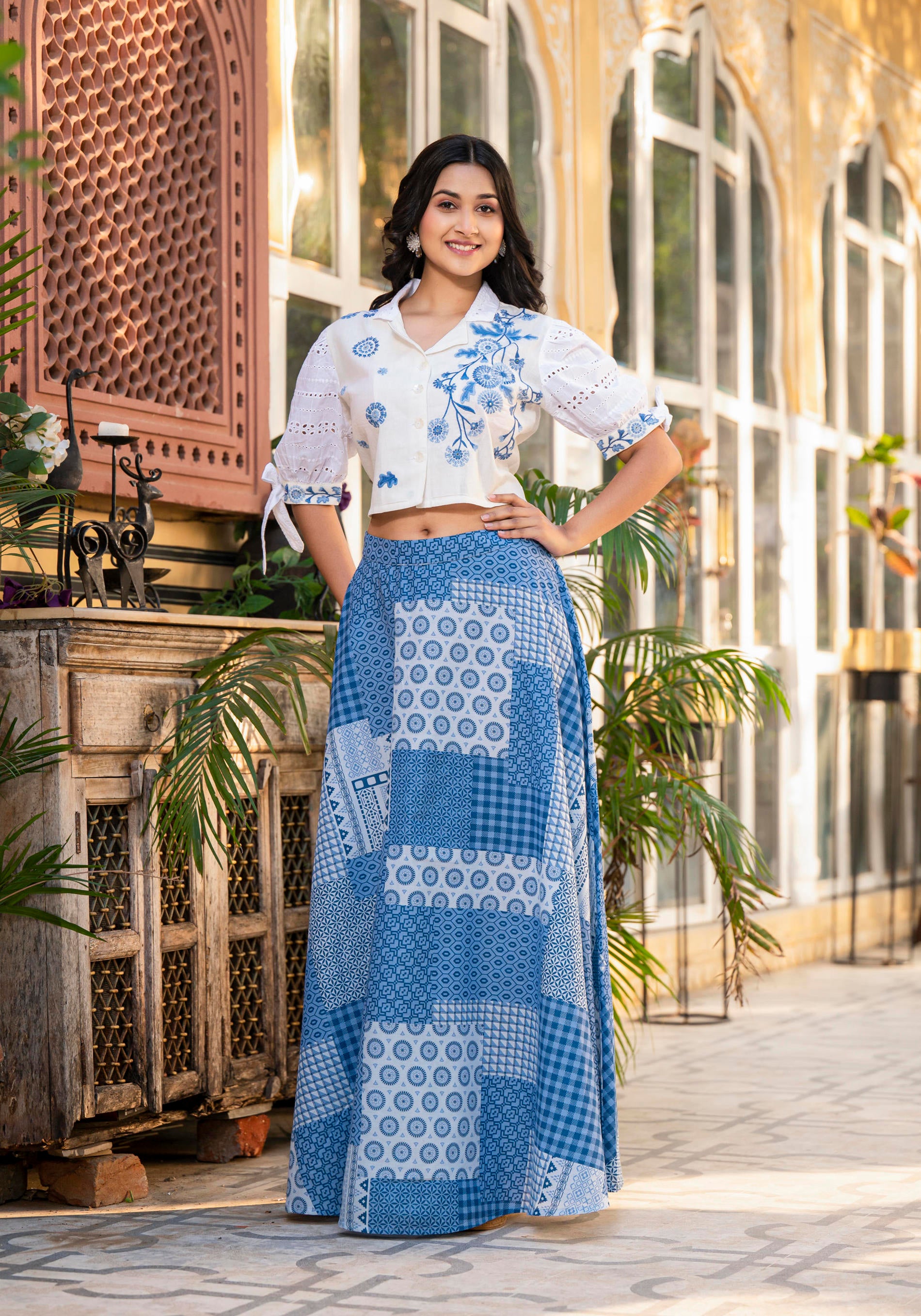Blue Geometric Printed Cotton Top & Skirt With Thread Work