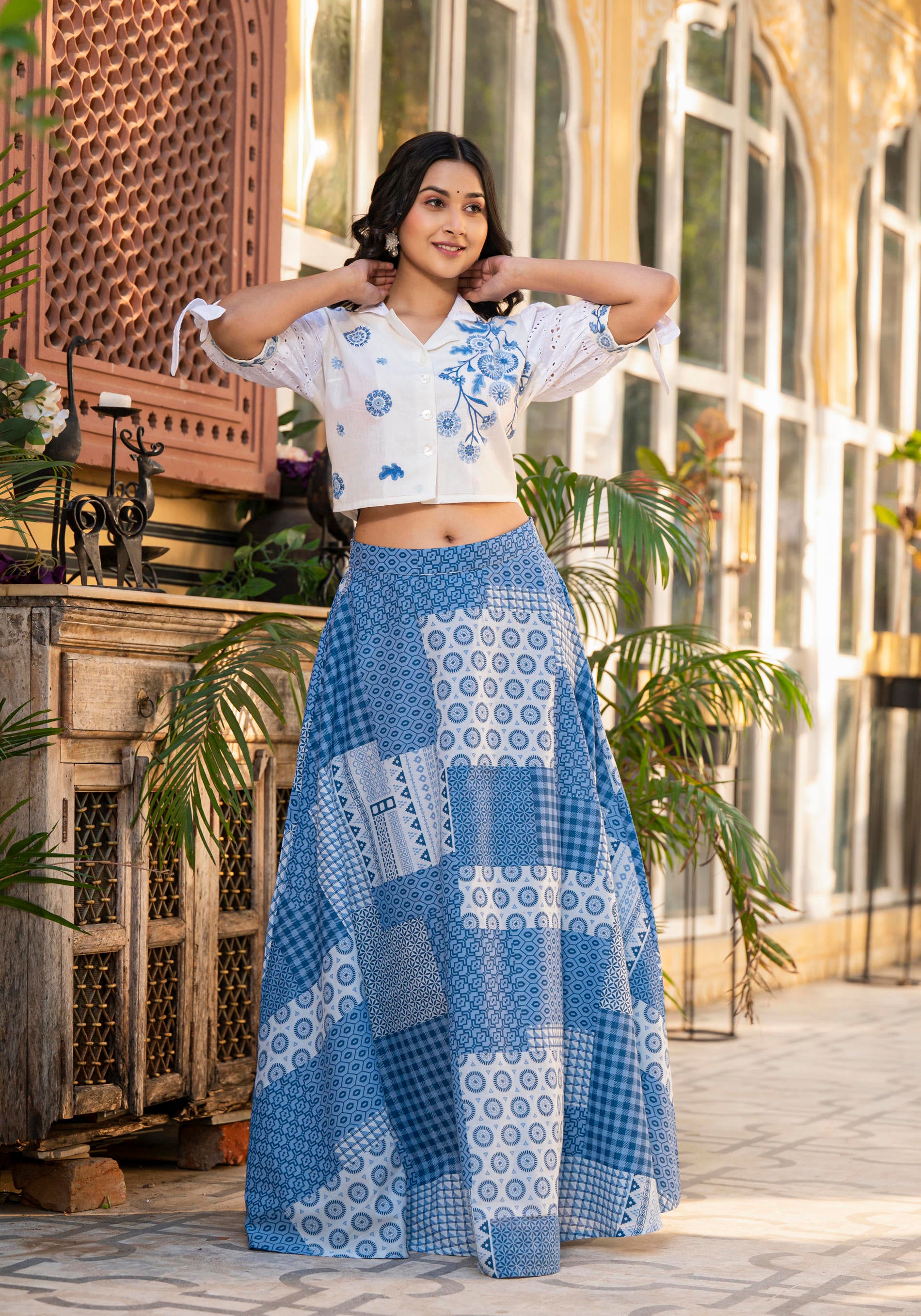 Blue Geometric Printed Cotton Top & Skirt With Thread Work