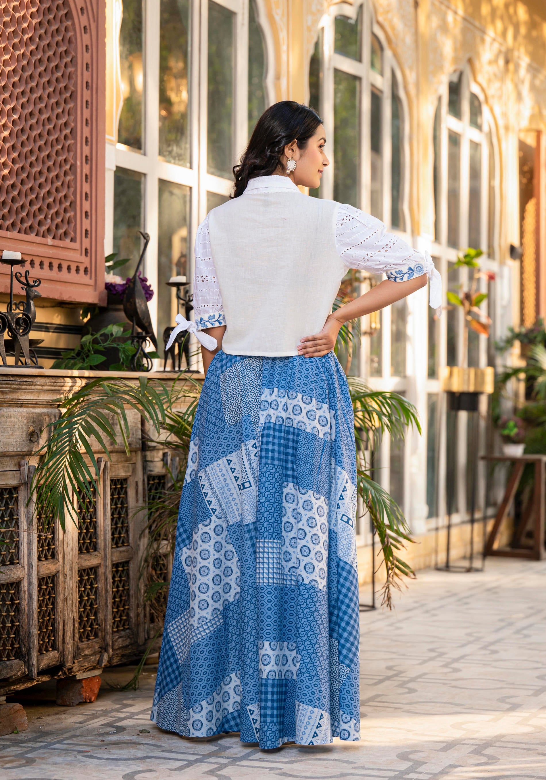 Blue Geometric Printed Cotton Top & Skirt With Thread Work