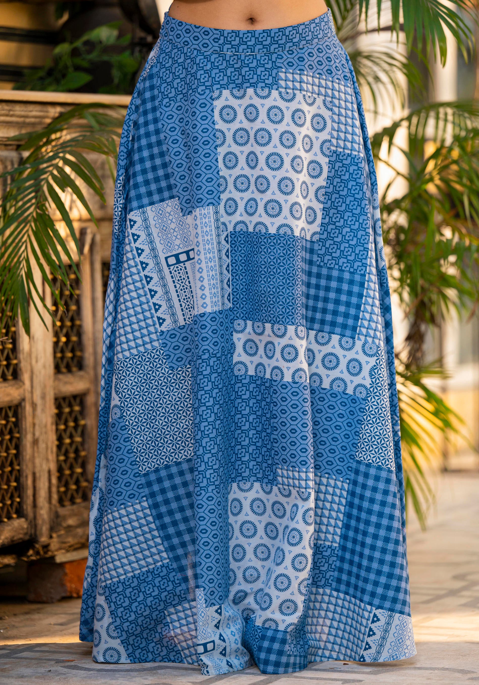 Blue Geometric Printed Cotton Top & Skirt With Thread Work