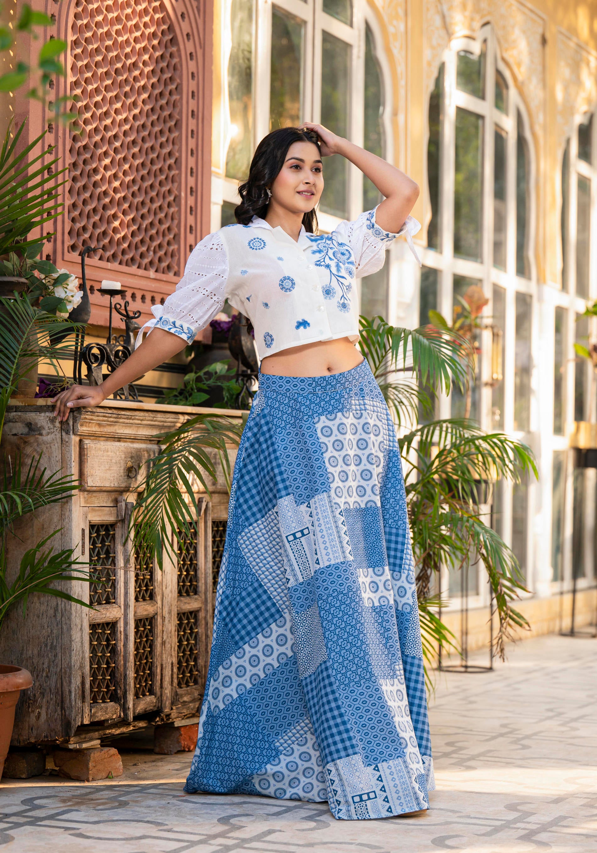 Blue Geometric Printed Cotton Top & Skirt With Thread Work