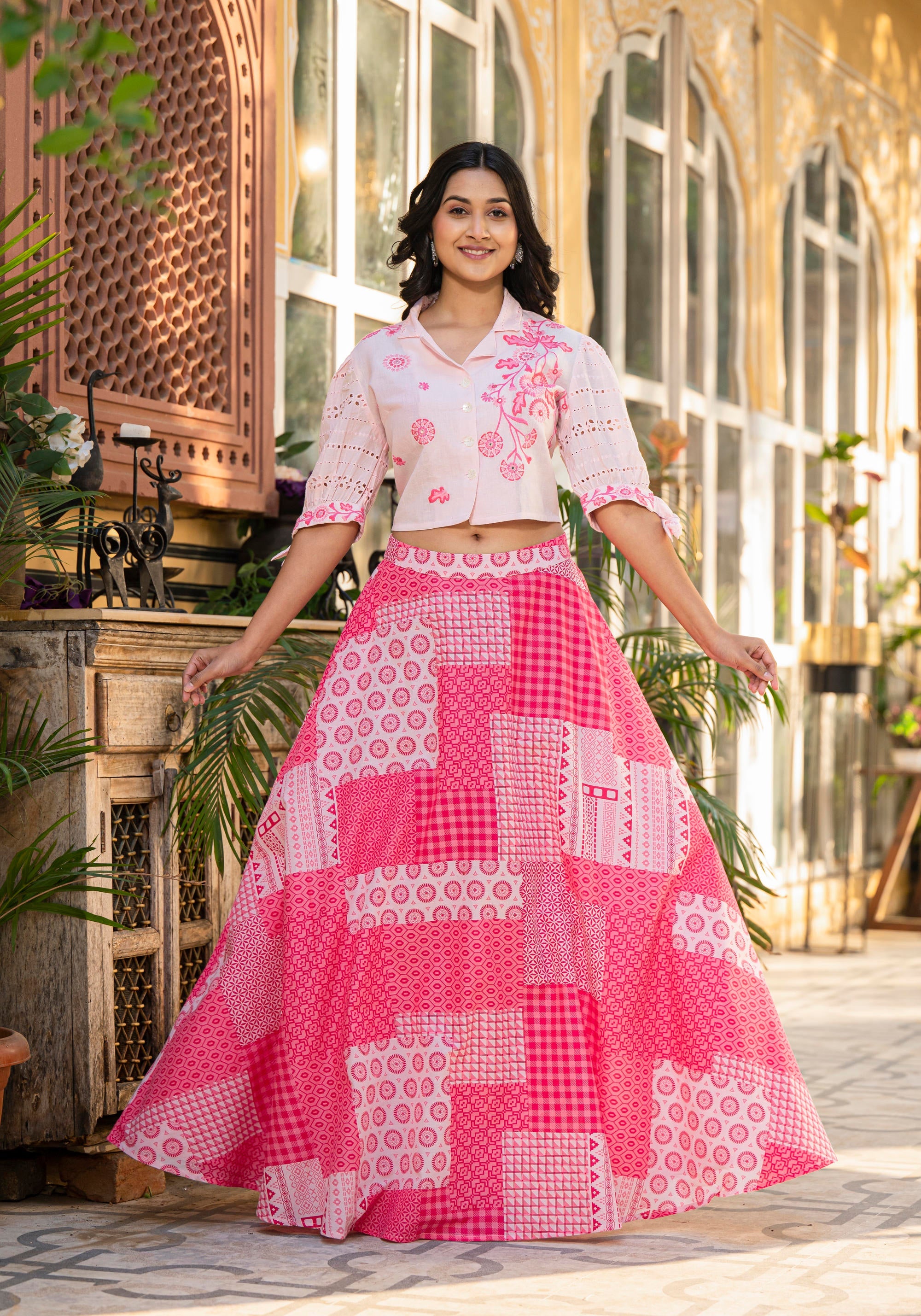Pink Geometric Printed Cotton Top & Skirt With Thread Work