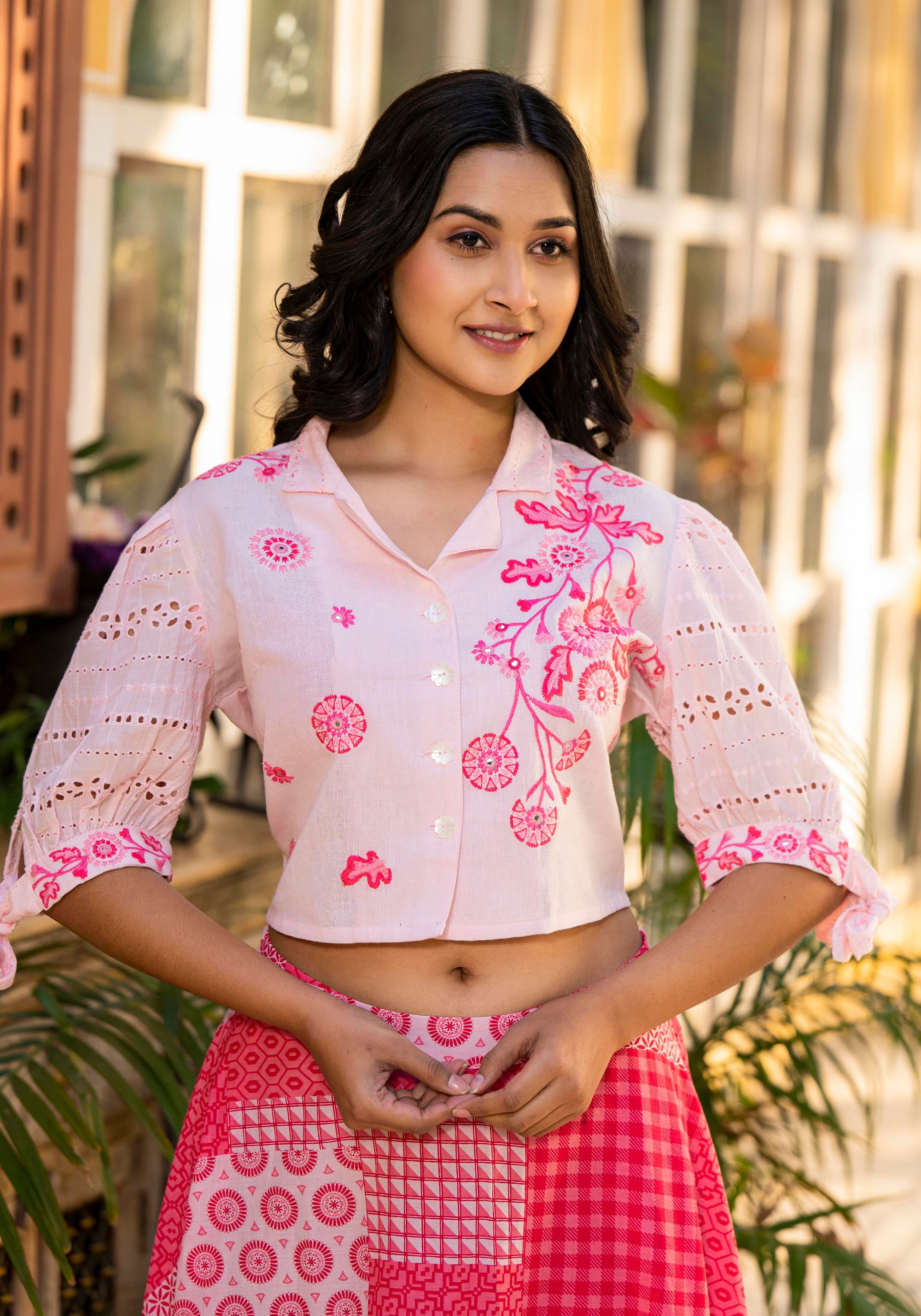 Pink Geometric Printed Cotton Top & Skirt With Thread Work