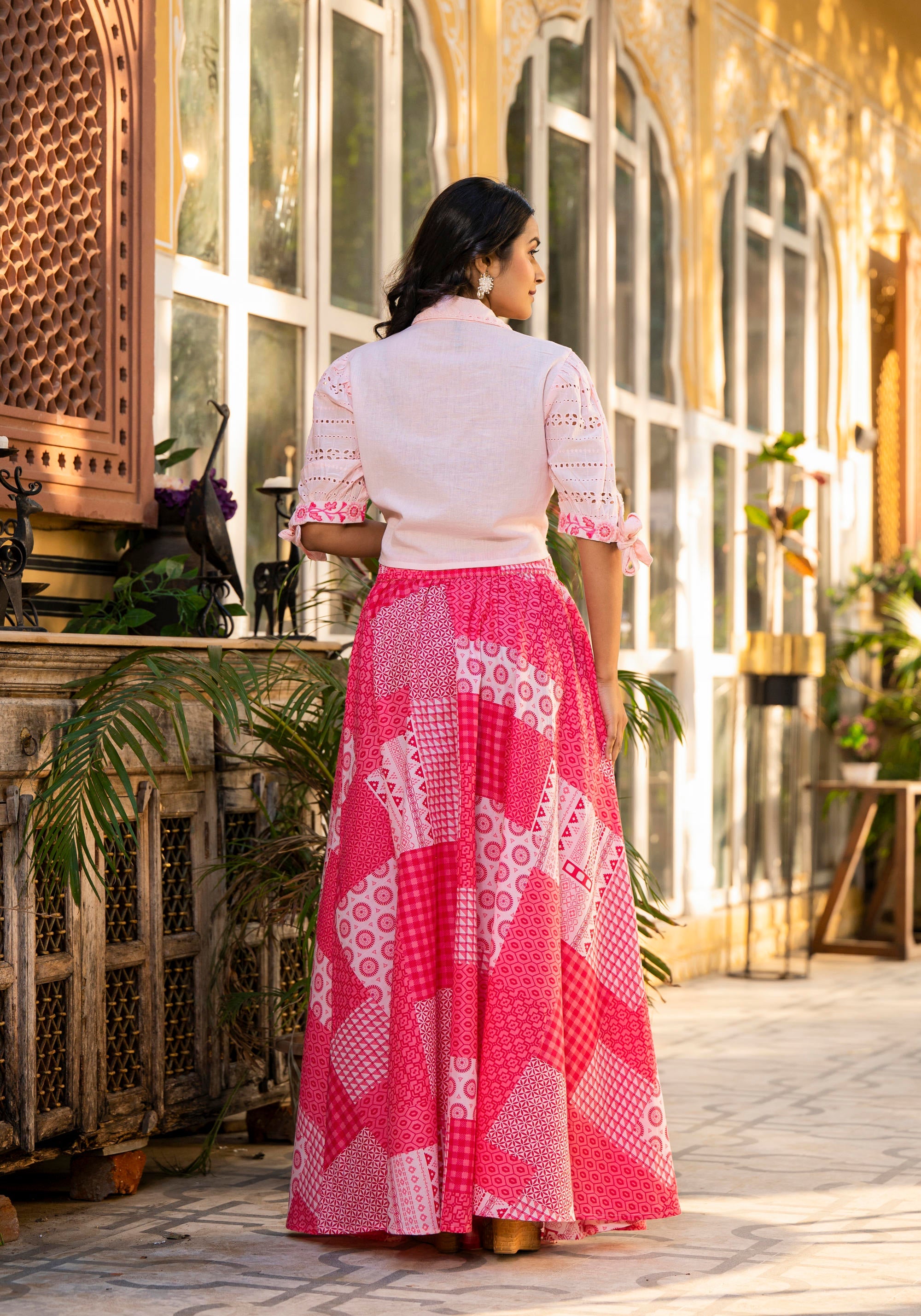 Pink Geometric Printed Cotton Top & Skirt With Thread Work