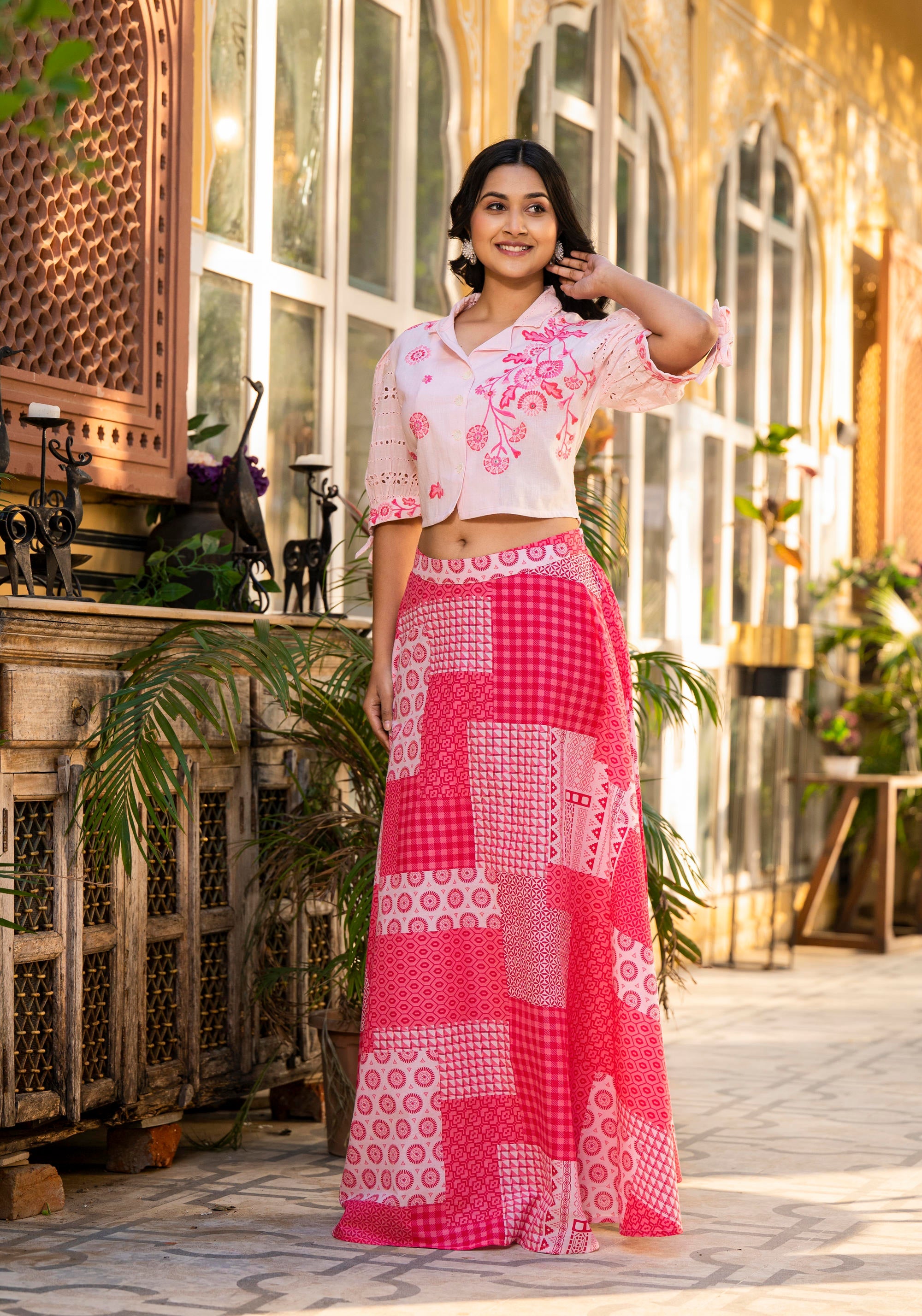 Pink Geometric Printed Cotton Top & Skirt With Thread Work