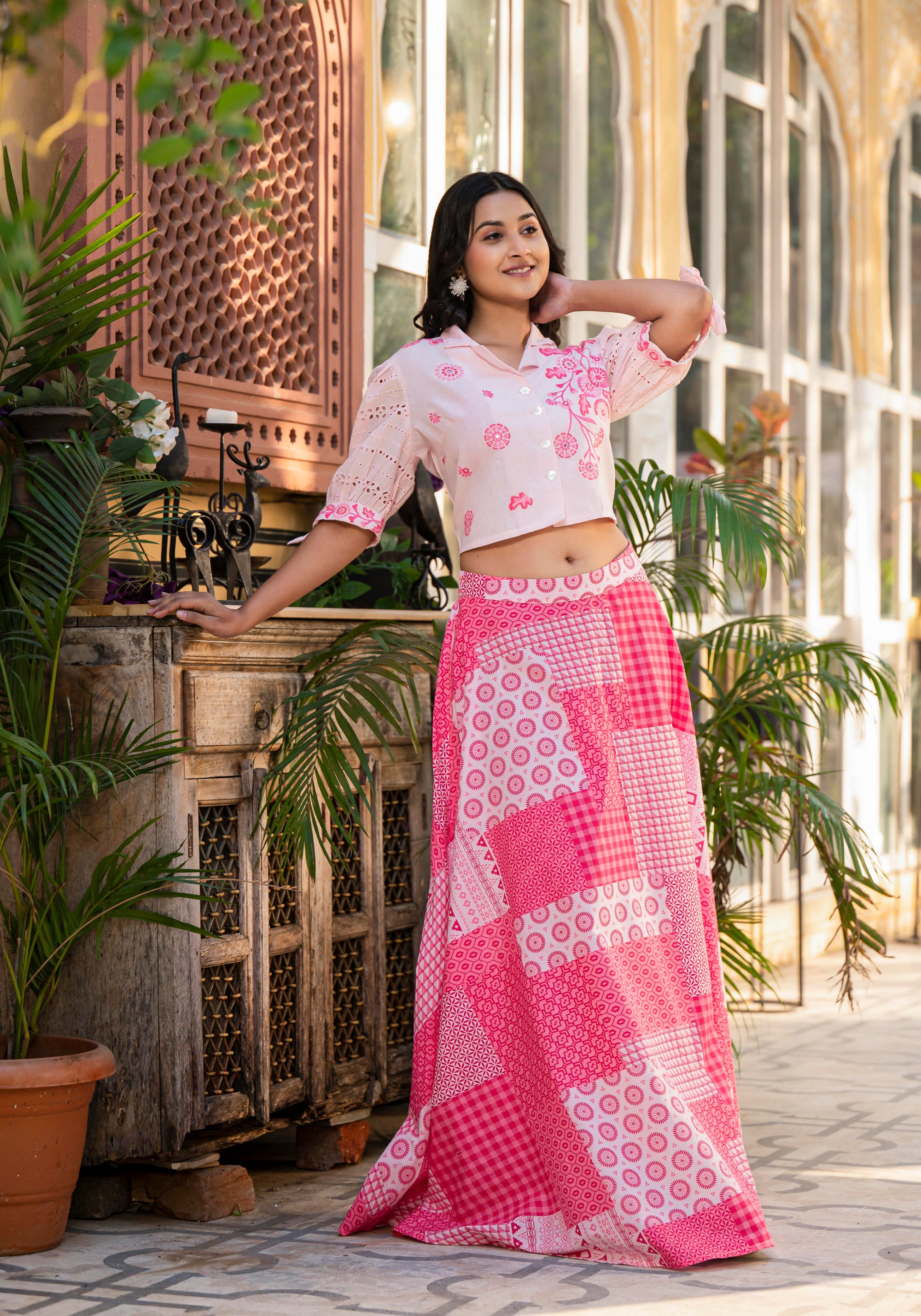 Pink Geometric Printed Cotton Top & Skirt With Thread Work