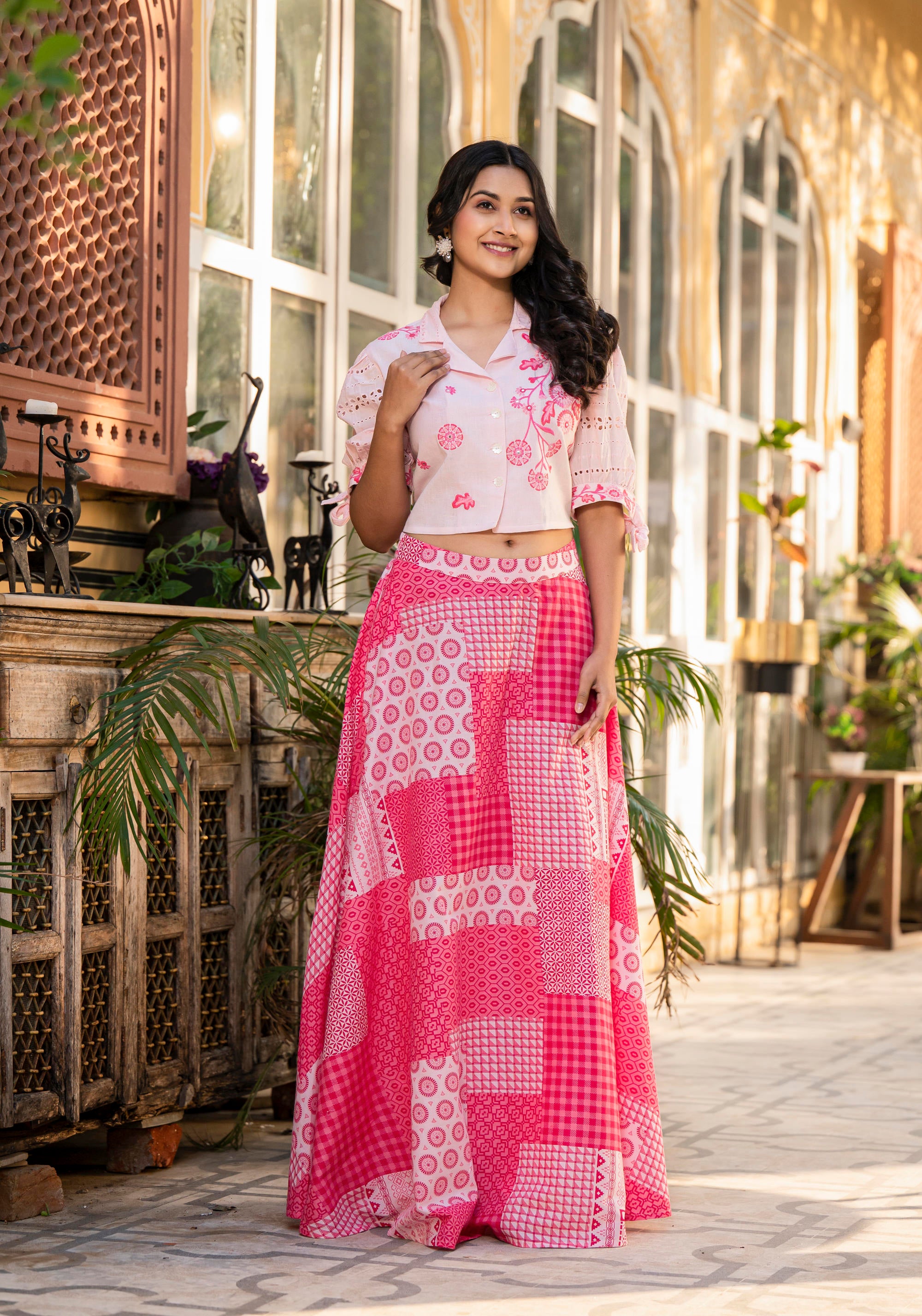 Pink Geometric Printed Cotton Top & Skirt With Thread Work