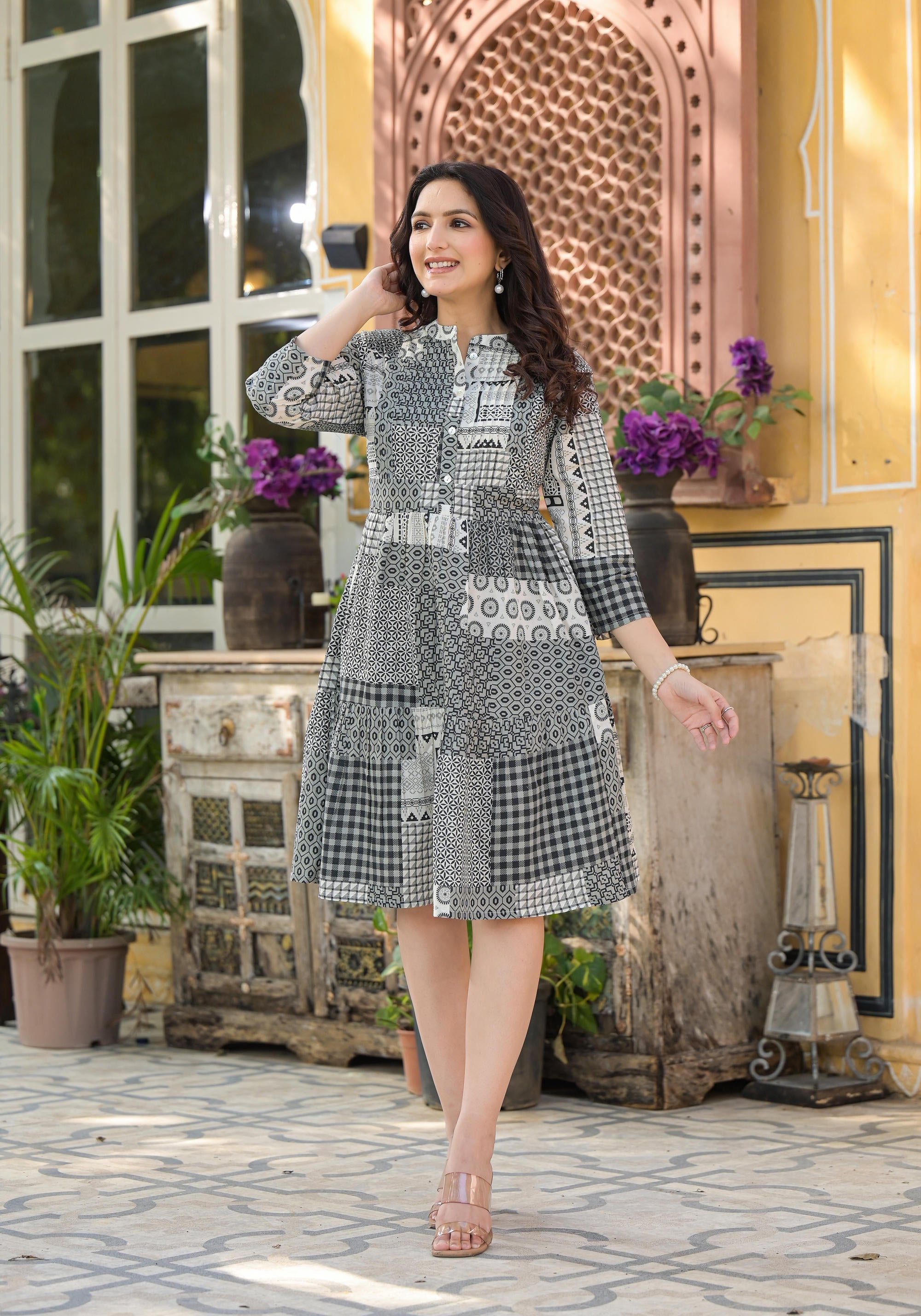 Black Geometric Printed Cotton Short Dress With Buttons