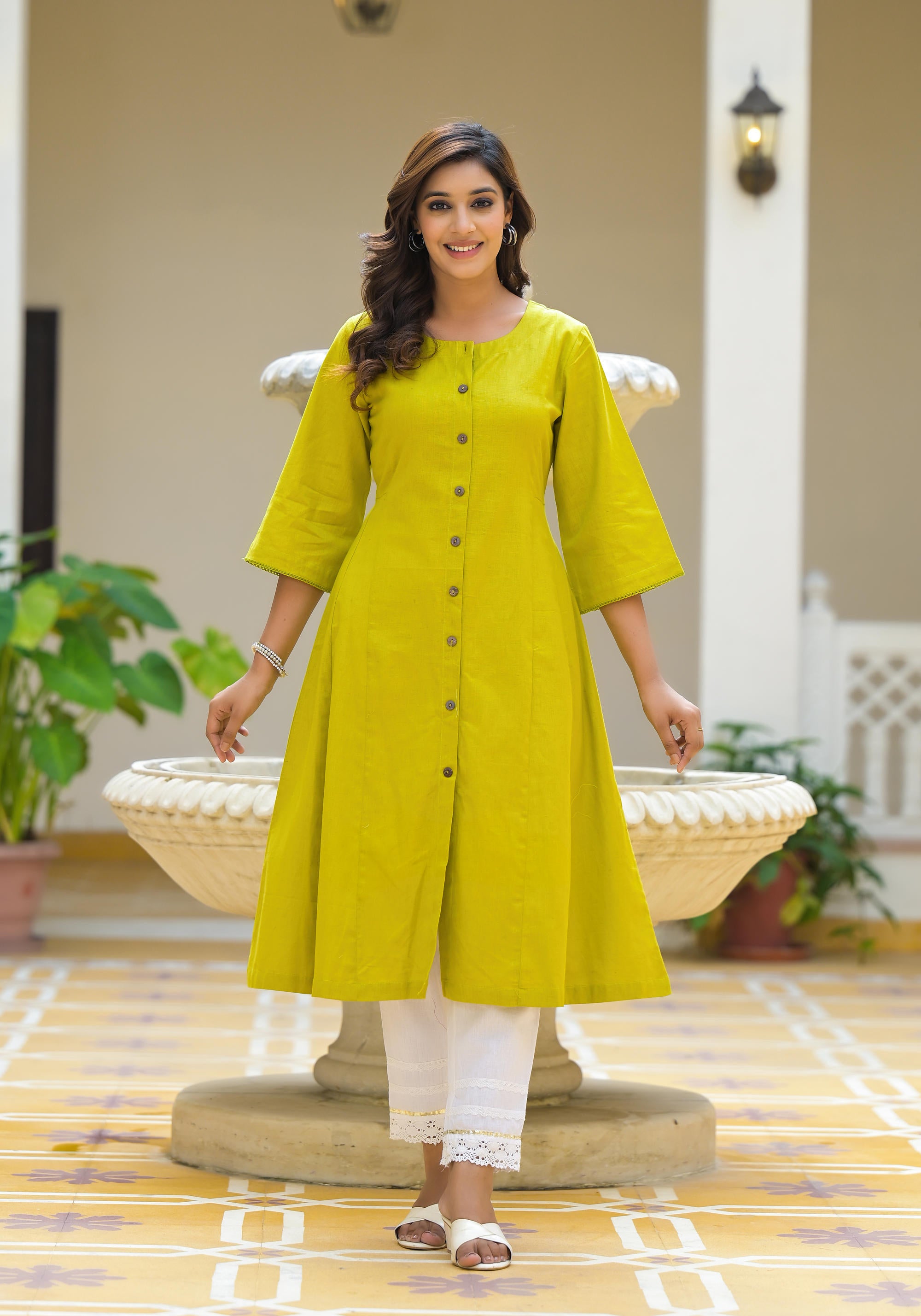 Lime Green Solid Cotton Linen Kurta With Button Closure