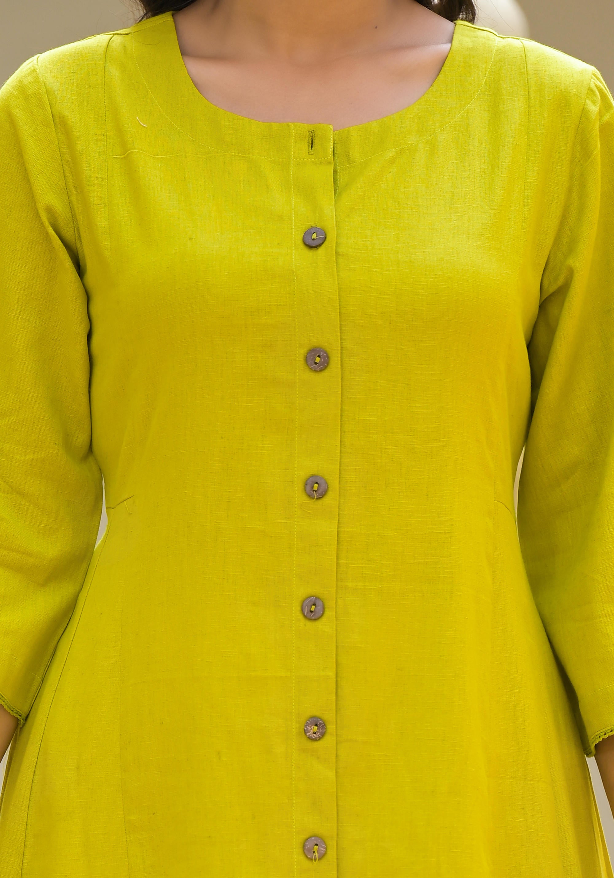 Lime Green Solid Cotton Linen Kurta With Button Closure