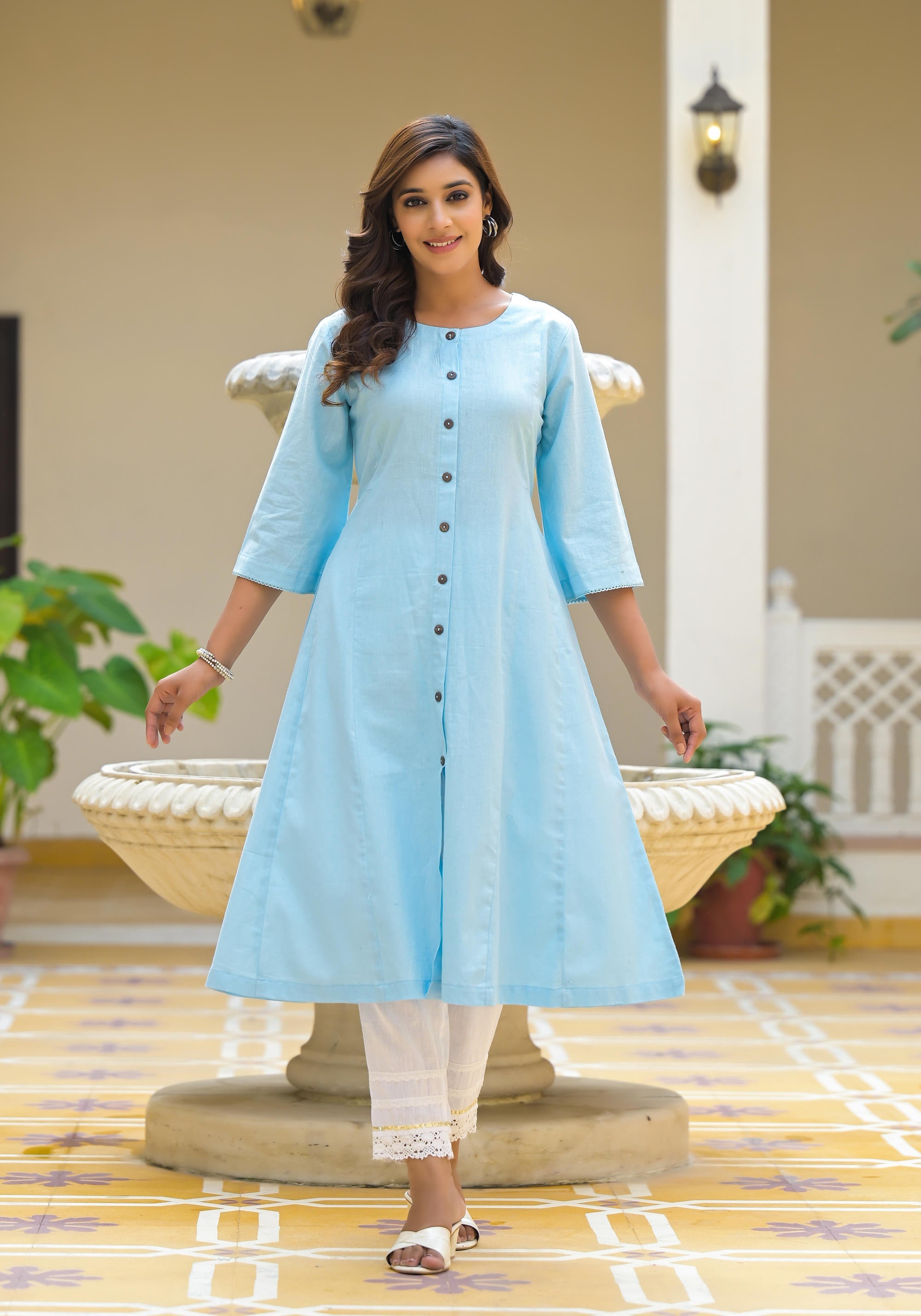 Powder Blue Solid Cotton Linen Kurta With Button Closure