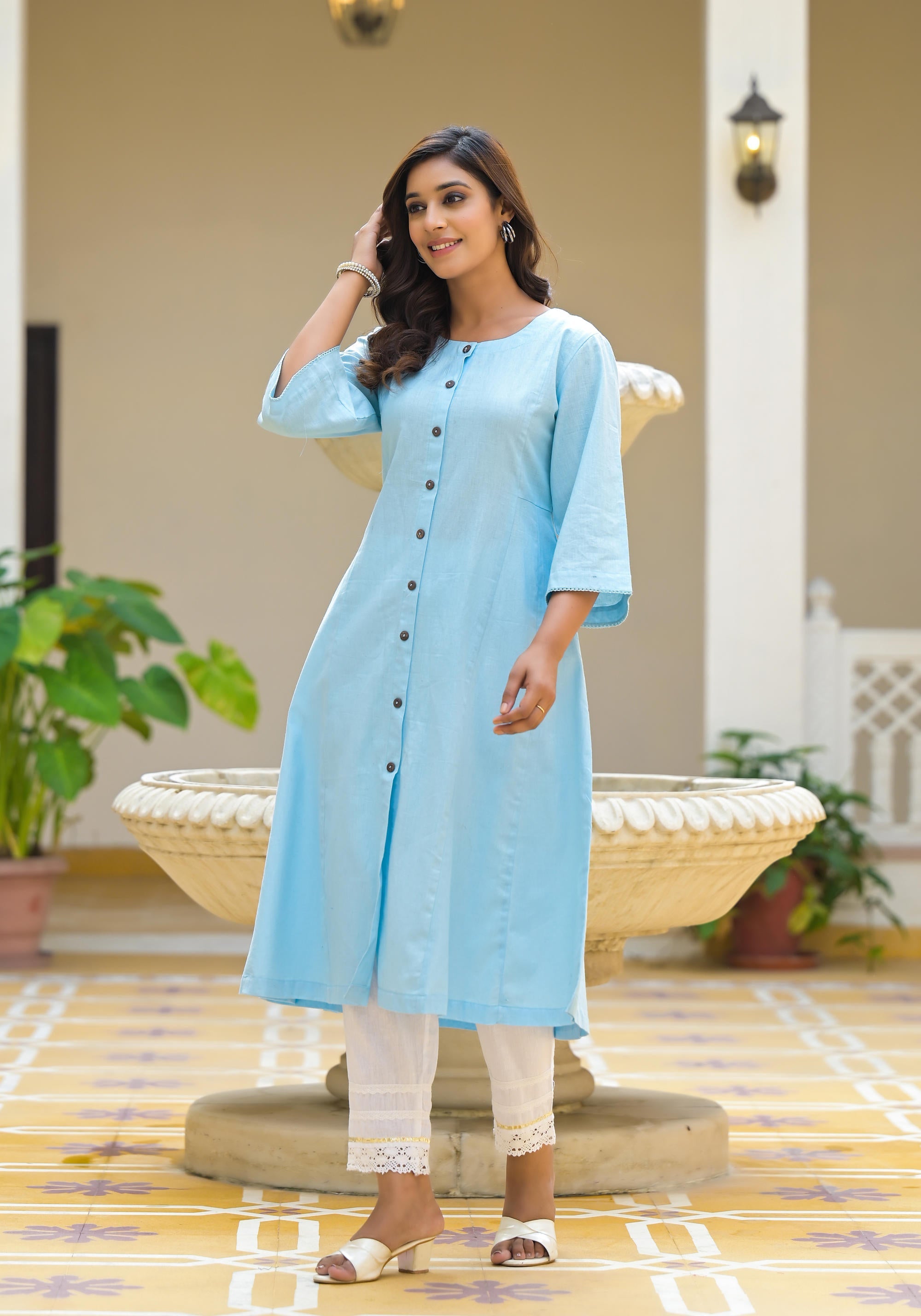 Powder Blue Solid Cotton Linen Kurta With Button Closure