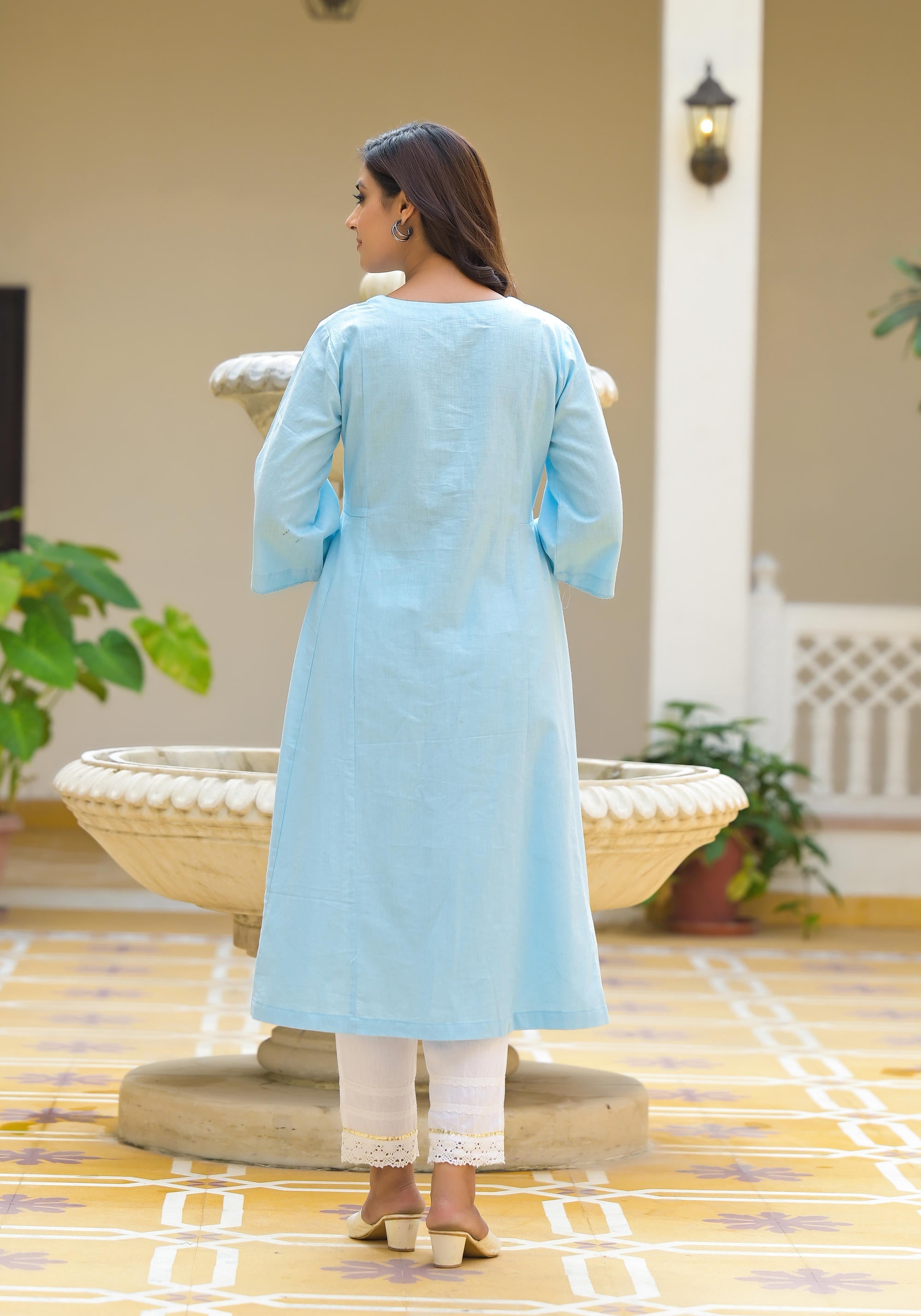 Powder Blue Solid Cotton Linen Kurta With Button Closure