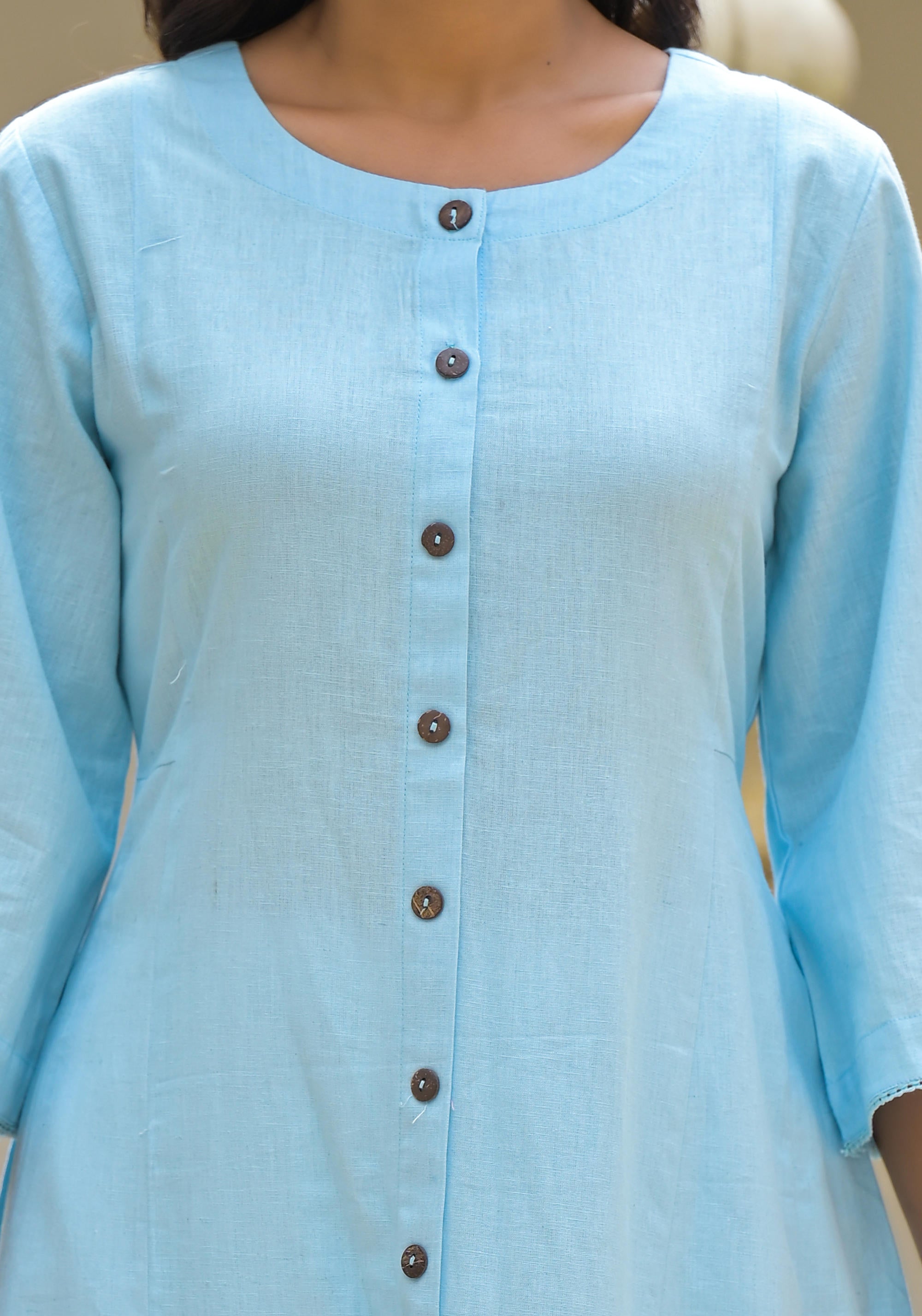 Powder Blue Solid Cotton Linen Kurta With Button Closure