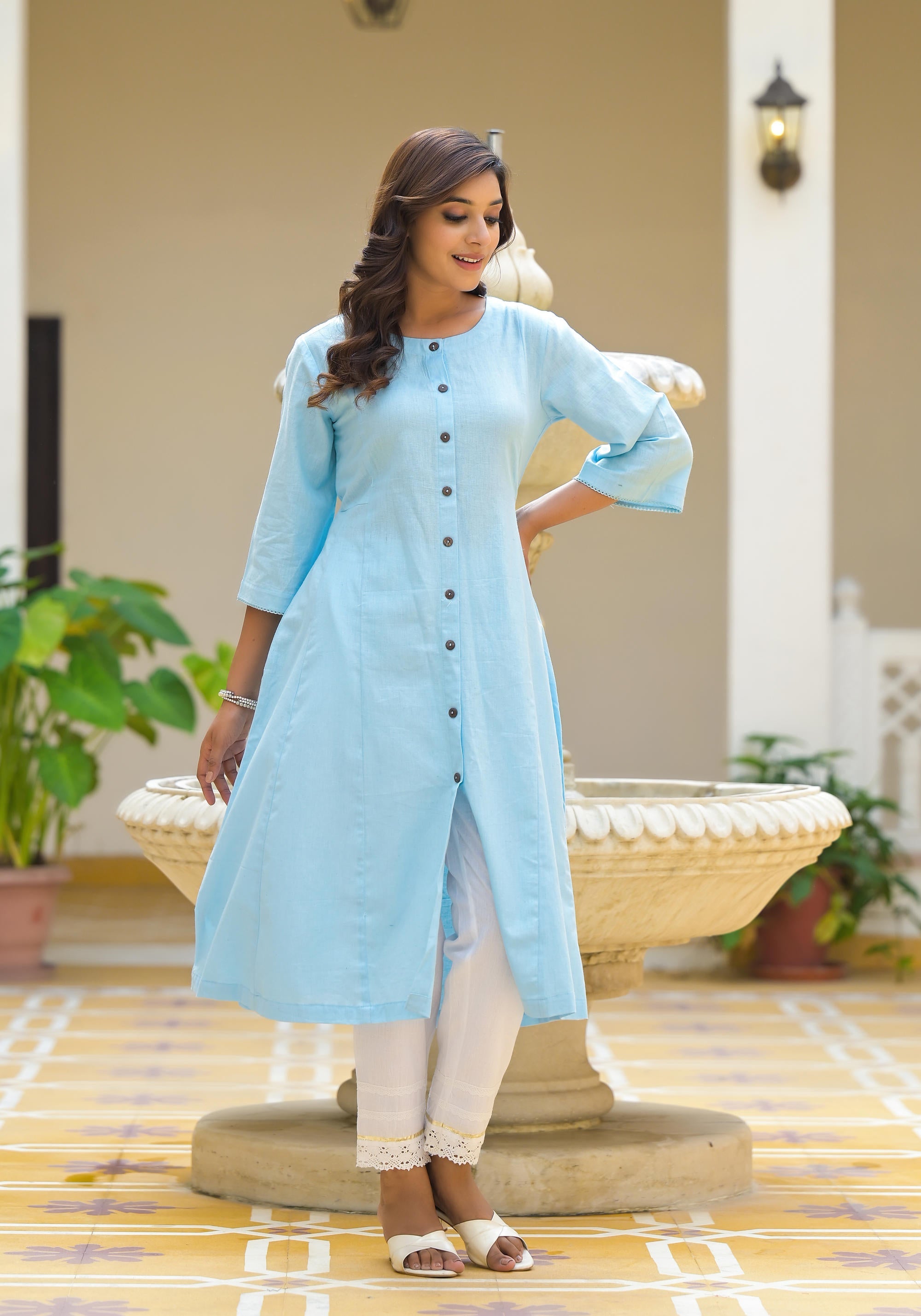 Powder Blue Solid Cotton Linen Kurta With Button Closure