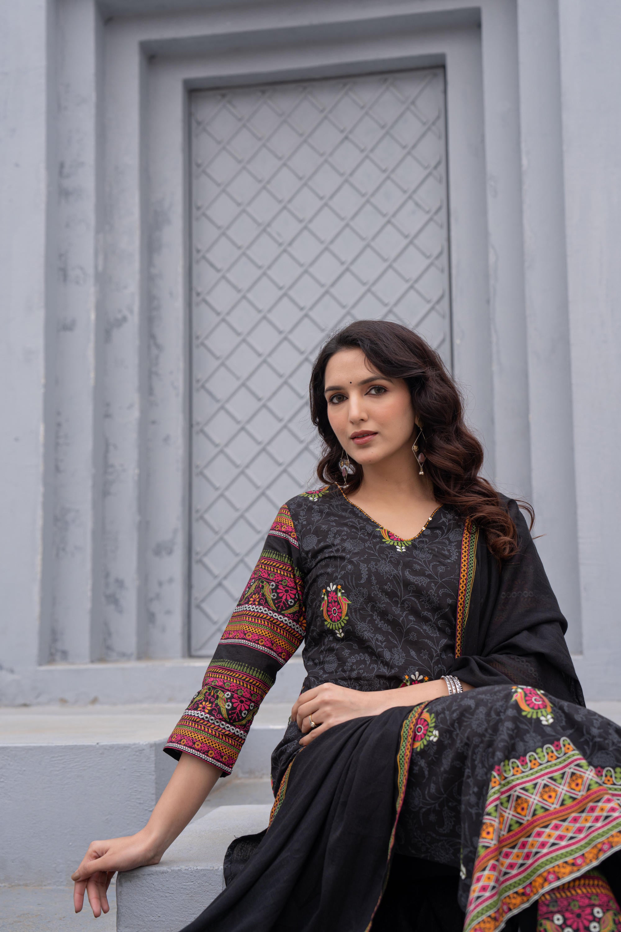 Black Floral Printed Cotton Kurta Set With Thread Work & Sequins