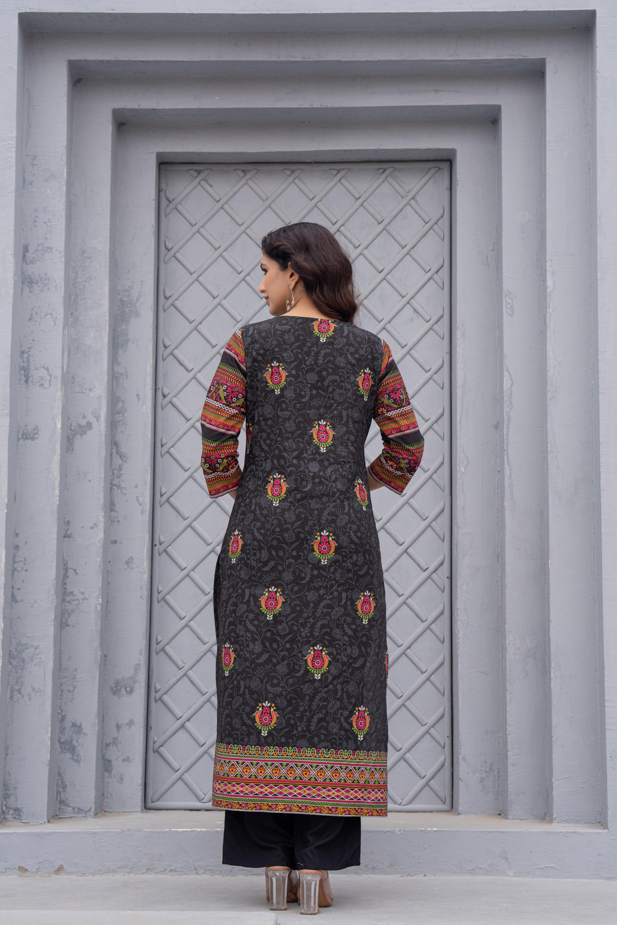 Black Floral Printed Cotton Kurta Set With Thread Work & Sequins