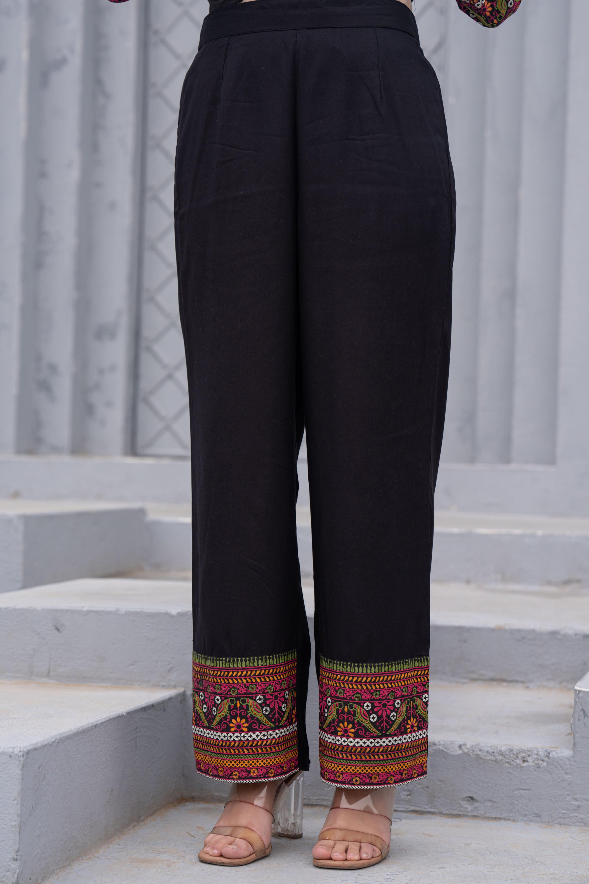 Black Floral Printed Cotton Kurta Set With Thread Work & Sequins