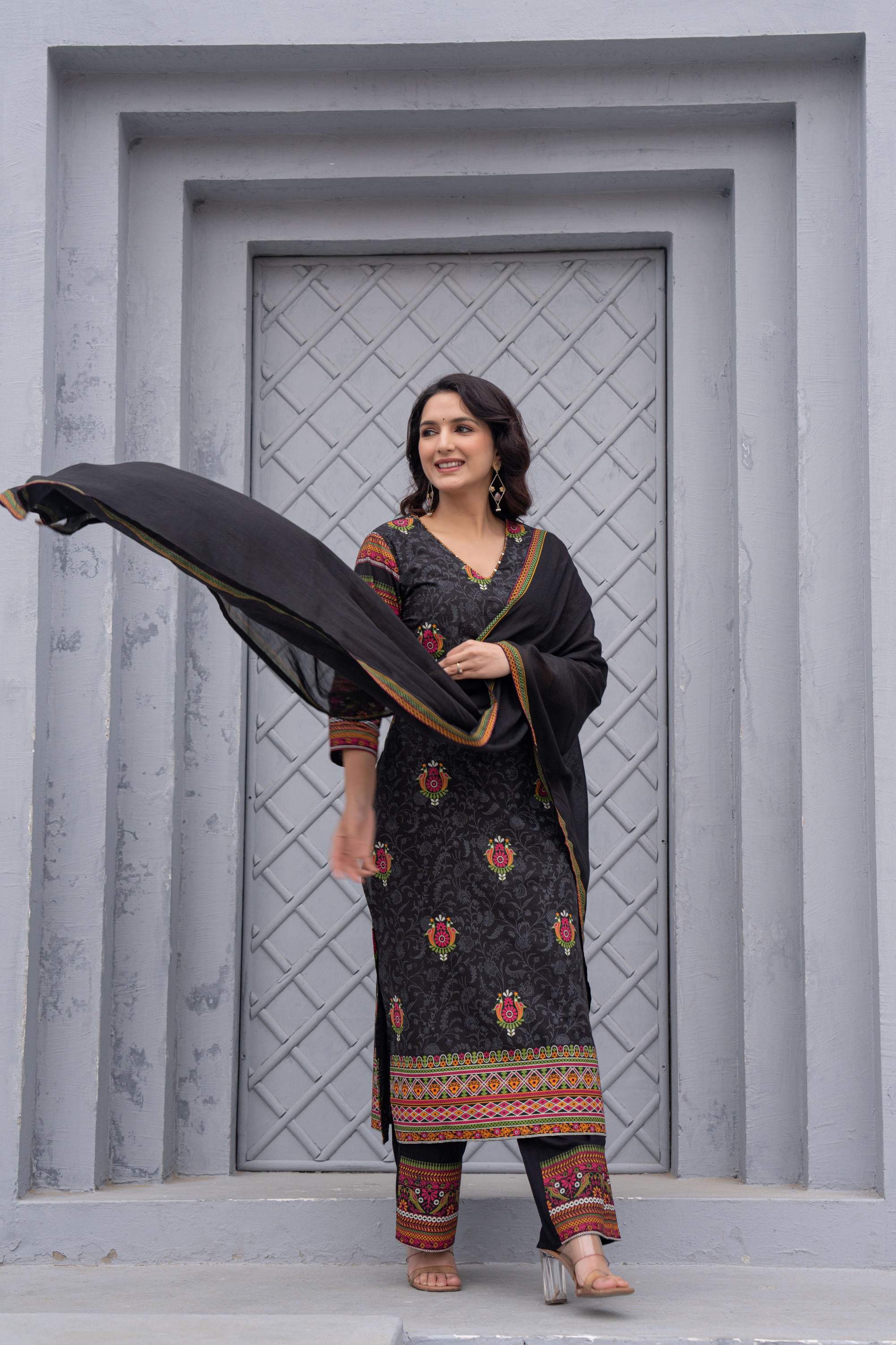 Black Floral Printed Cotton Kurta Set With Thread Work & Sequins