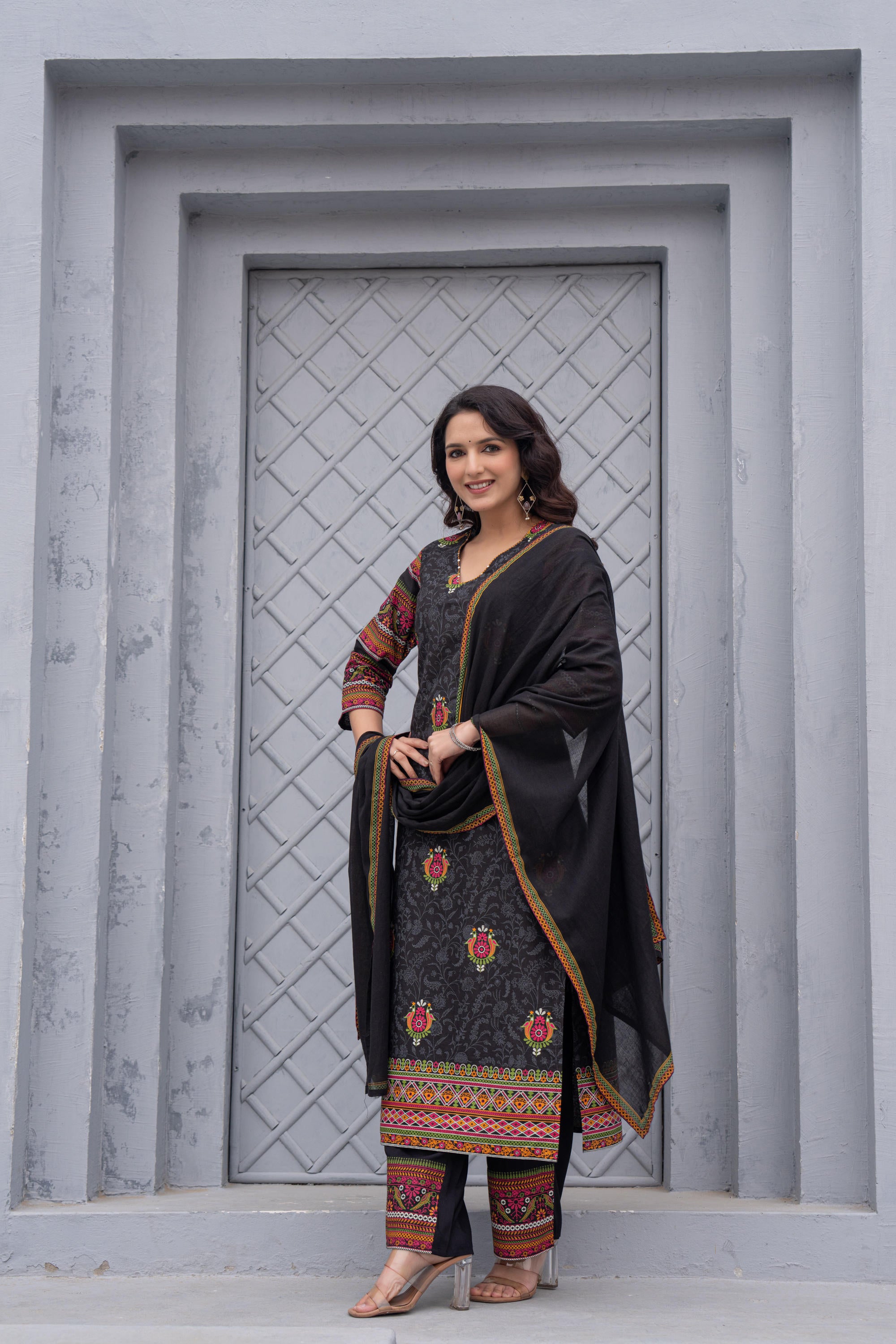 Black Floral Printed Cotton Kurta Set With Thread Work & Sequins