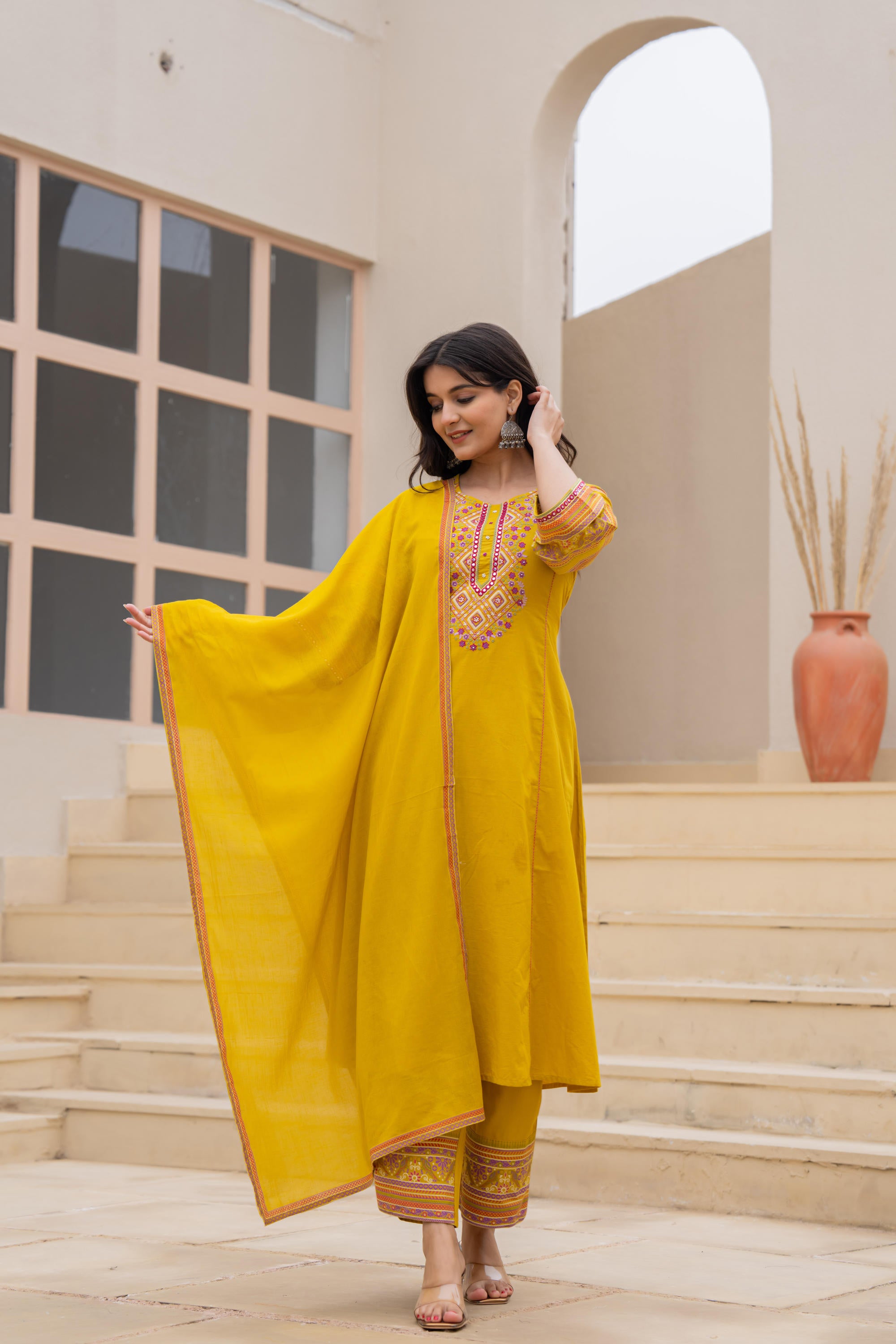 Mustard Embroidered Kurta Set with Printed Pant & Dupatta