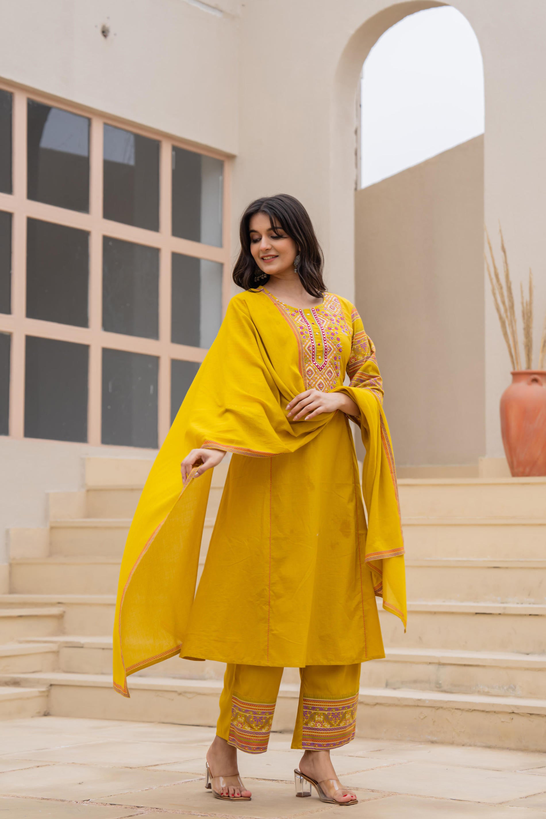 Mustard Embroidered Kurta Set with Printed Pant & Dupatta