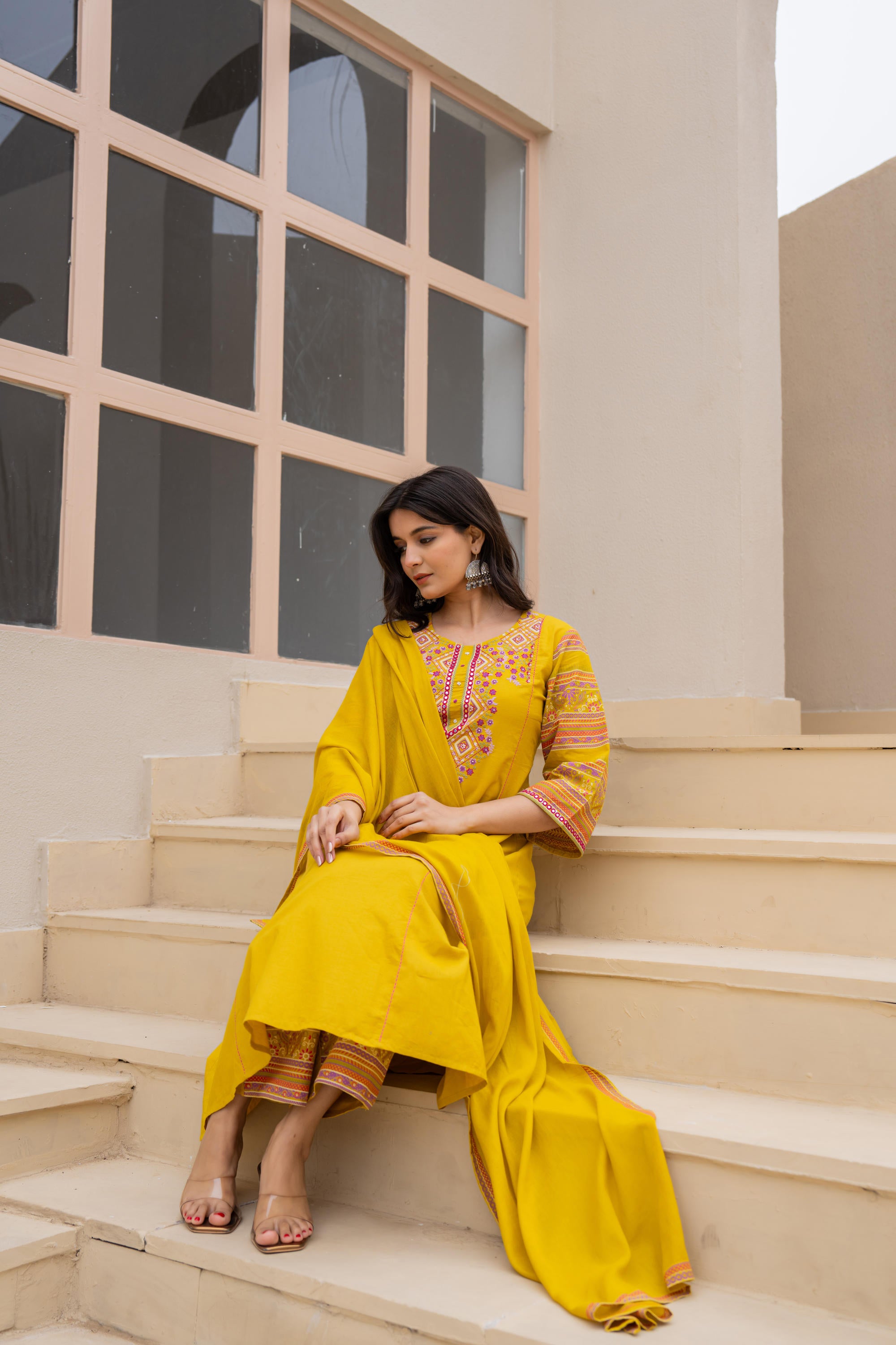 Mustard Embroidered Kurta Set with Printed Pant & Dupatta
