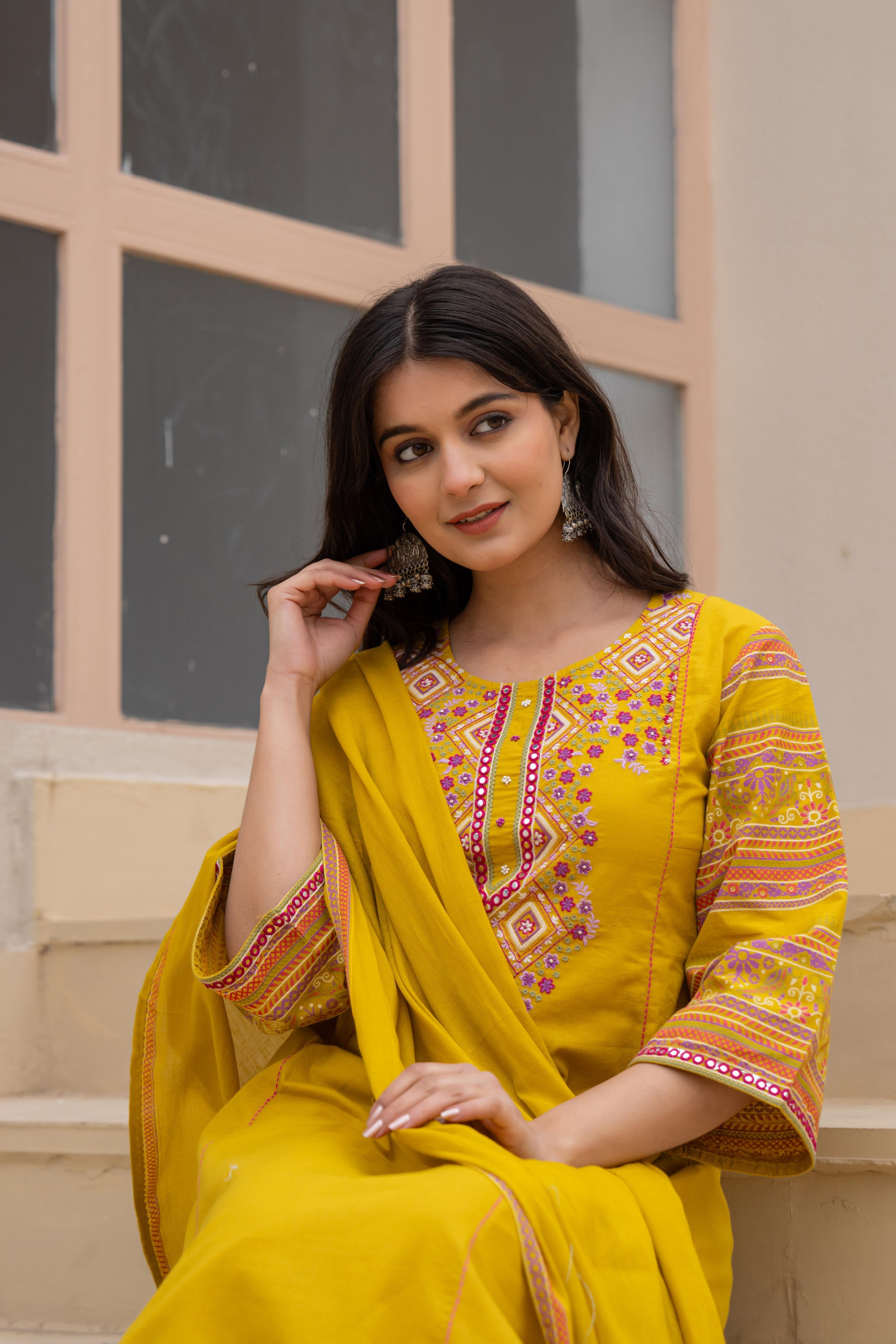 Mustard Embroidered Kurta Set with Printed Pant & Dupatta