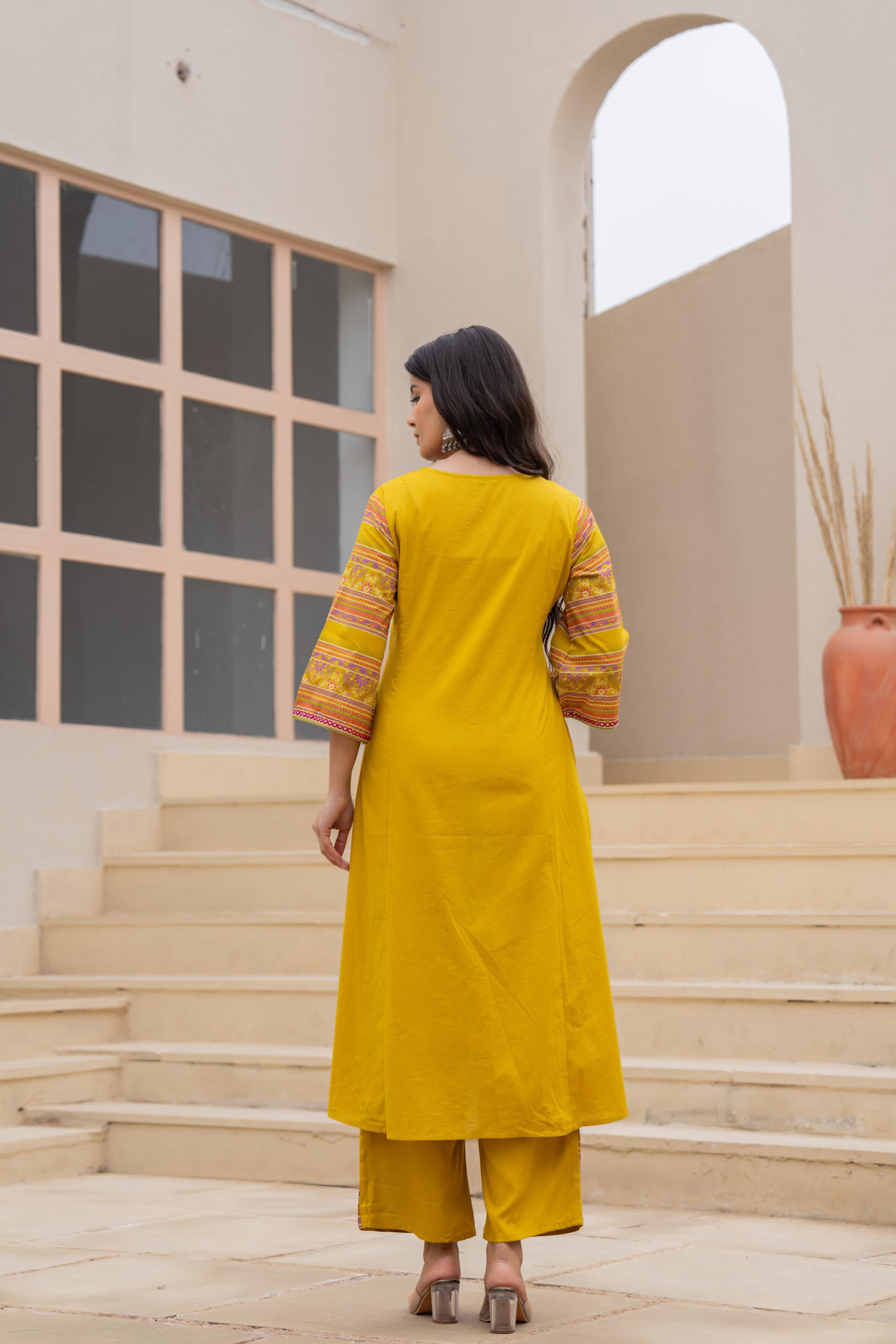 Mustard Embroidered Kurta Set with Printed Pant & Dupatta