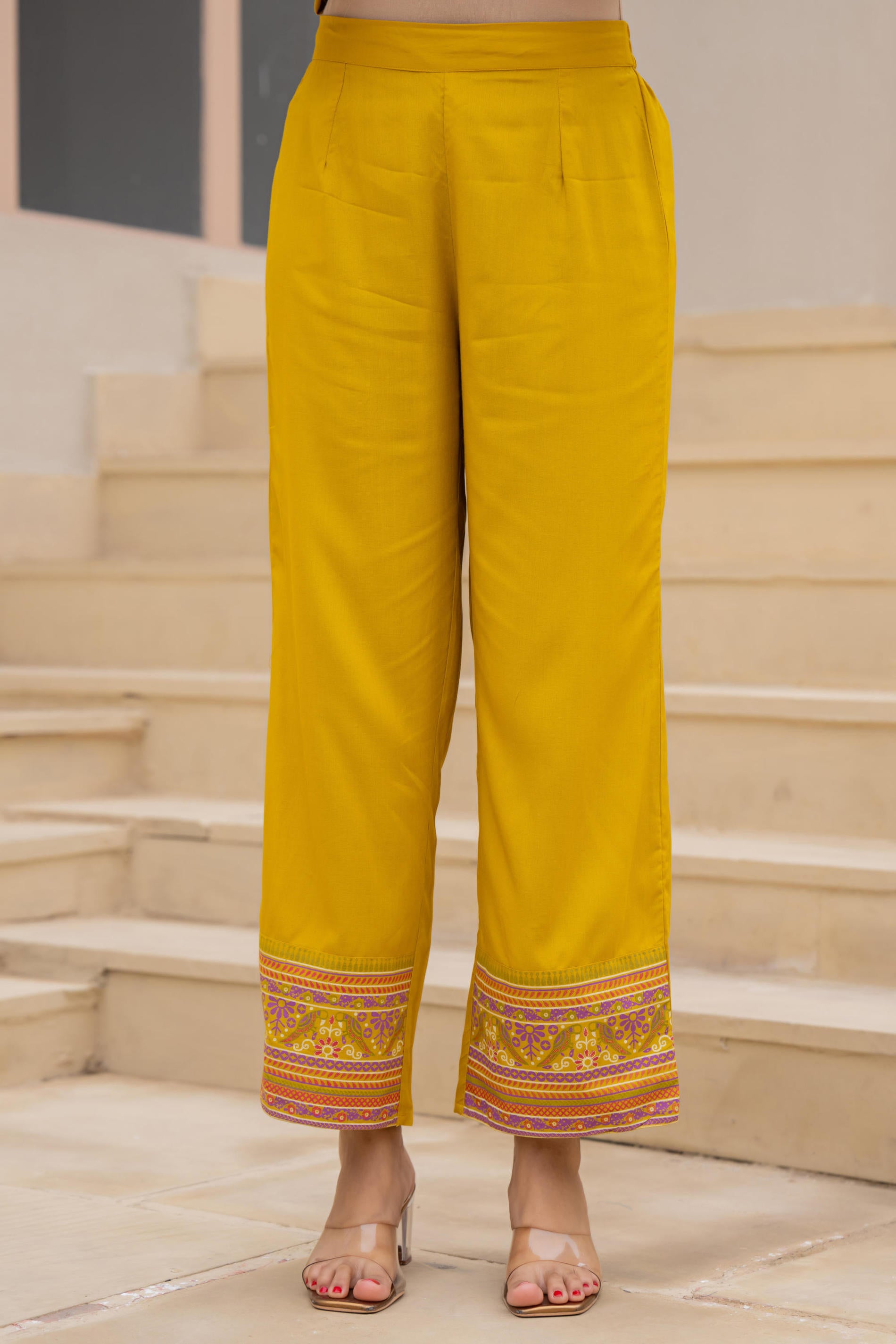 Mustard Embroidered Kurta Set with Printed Pant & Dupatta