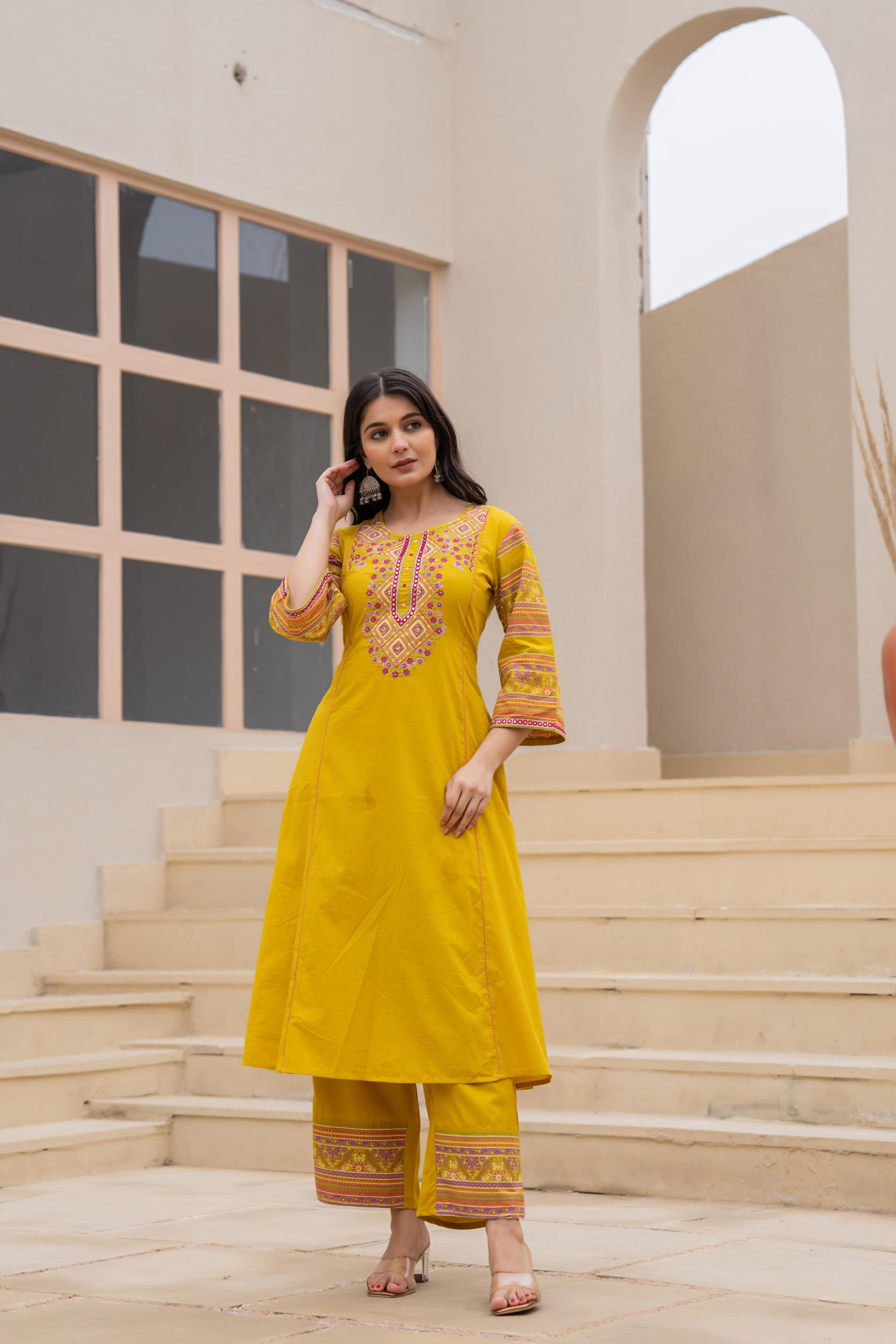 Mustard Embroidered Kurta Set with Printed Pant & Dupatta