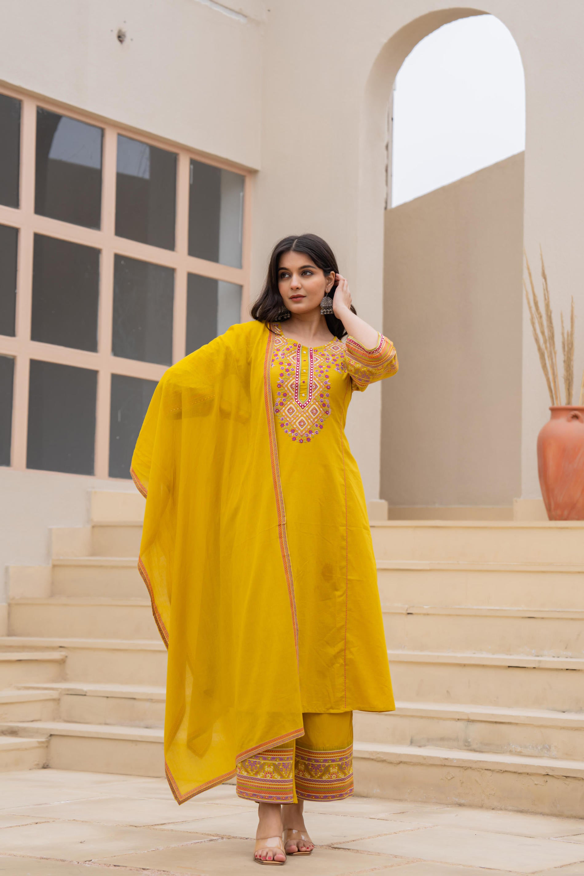 Mustard Embroidered Kurta Set with Printed Pant & Dupatta