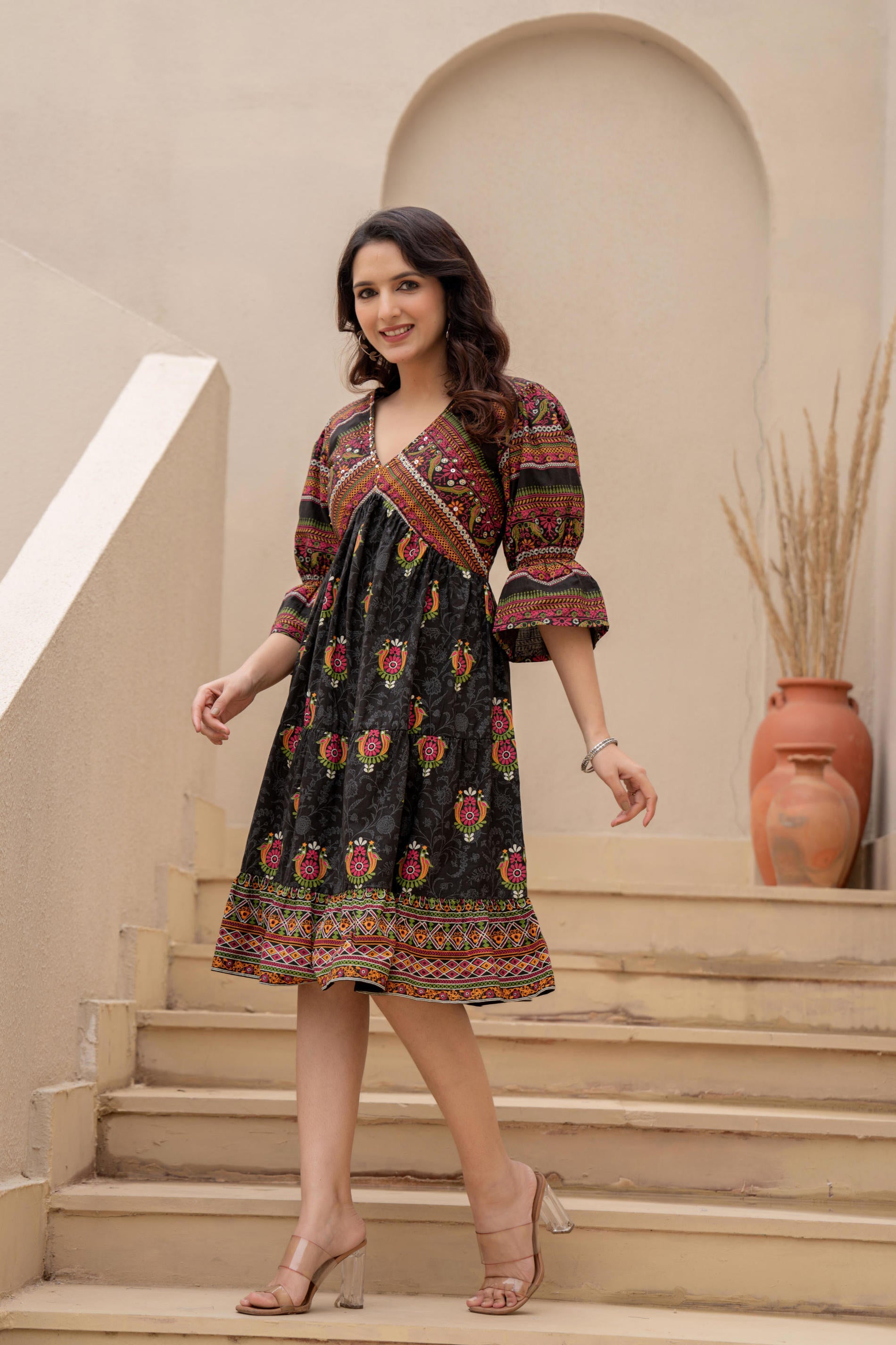 Black Printed Fit & Flare Dress with Tribal Border
