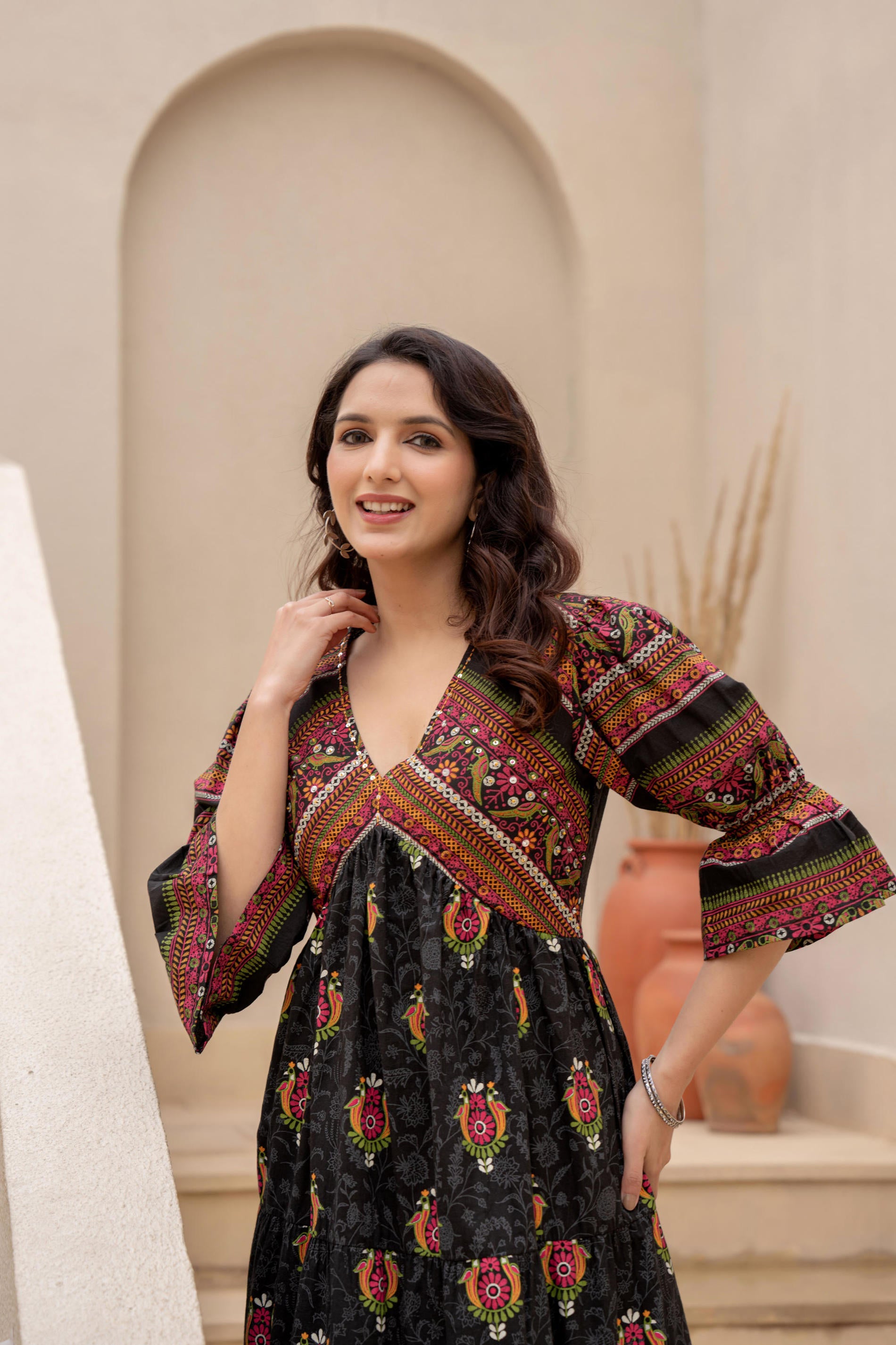 Black Printed Fit & Flare Dress with Tribal Border