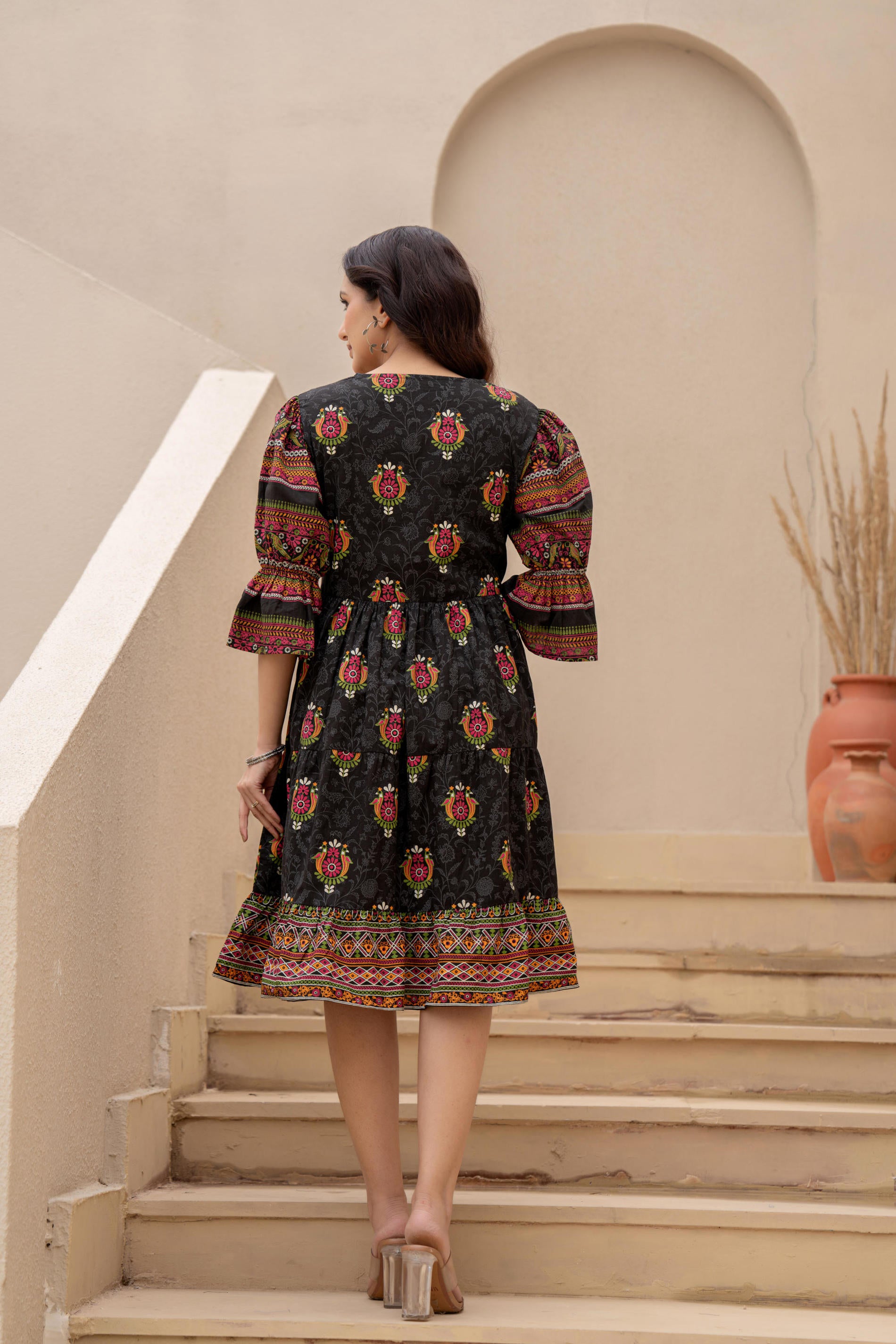 Black Printed Fit & Flare Dress with Tribal Border