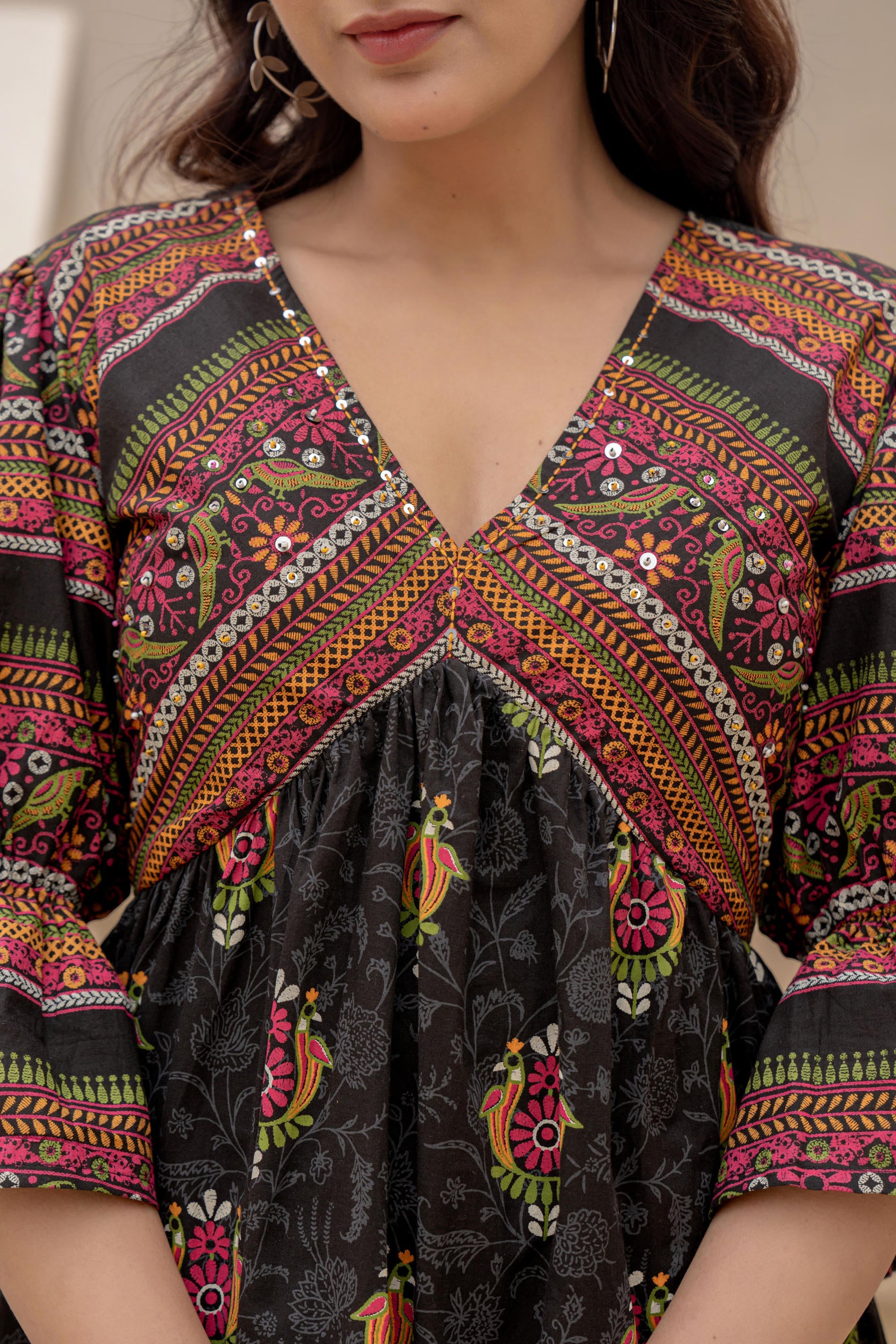 Black Printed Fit & Flare Dress with Tribal Border