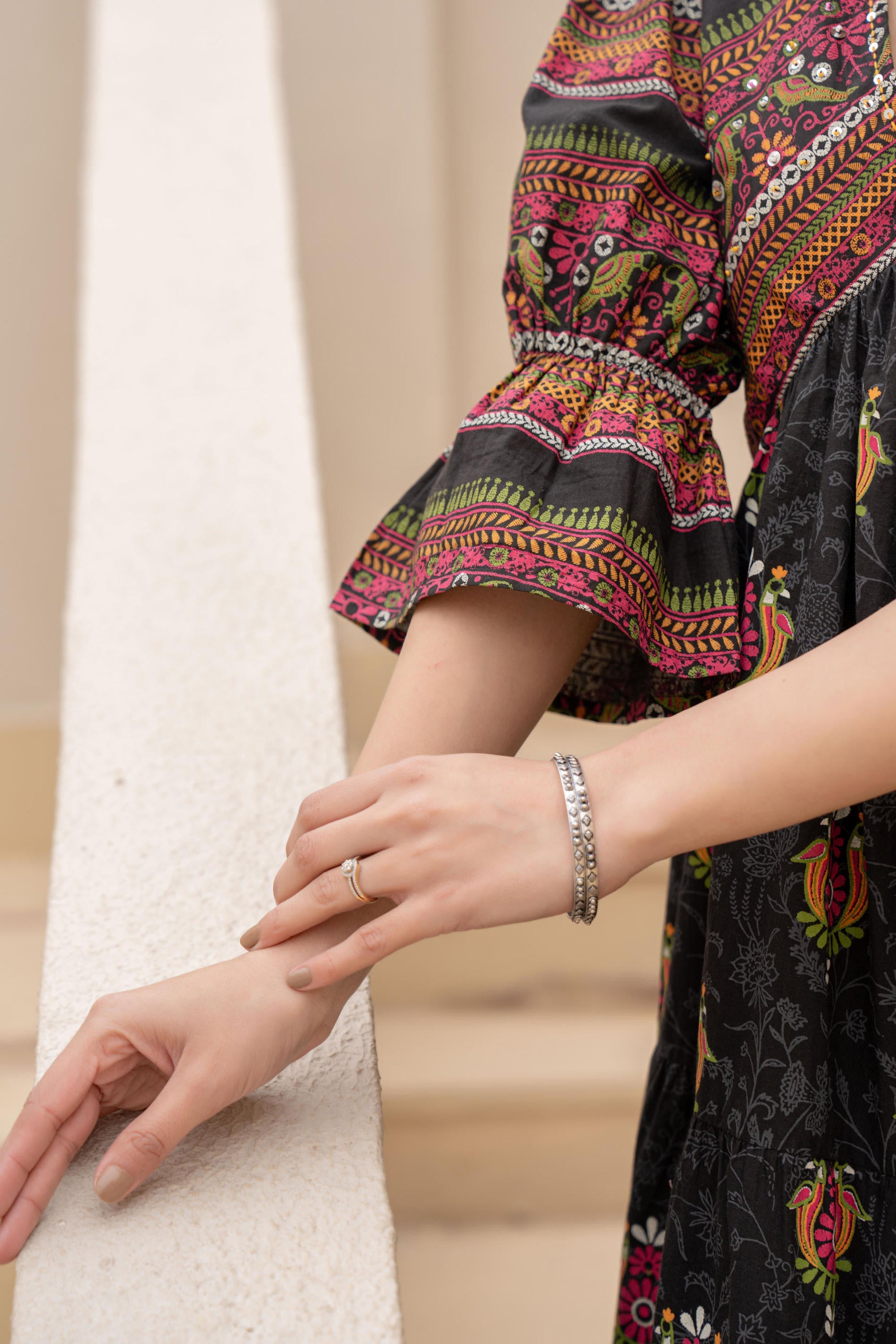 Black Printed Fit & Flare Dress with Tribal Border