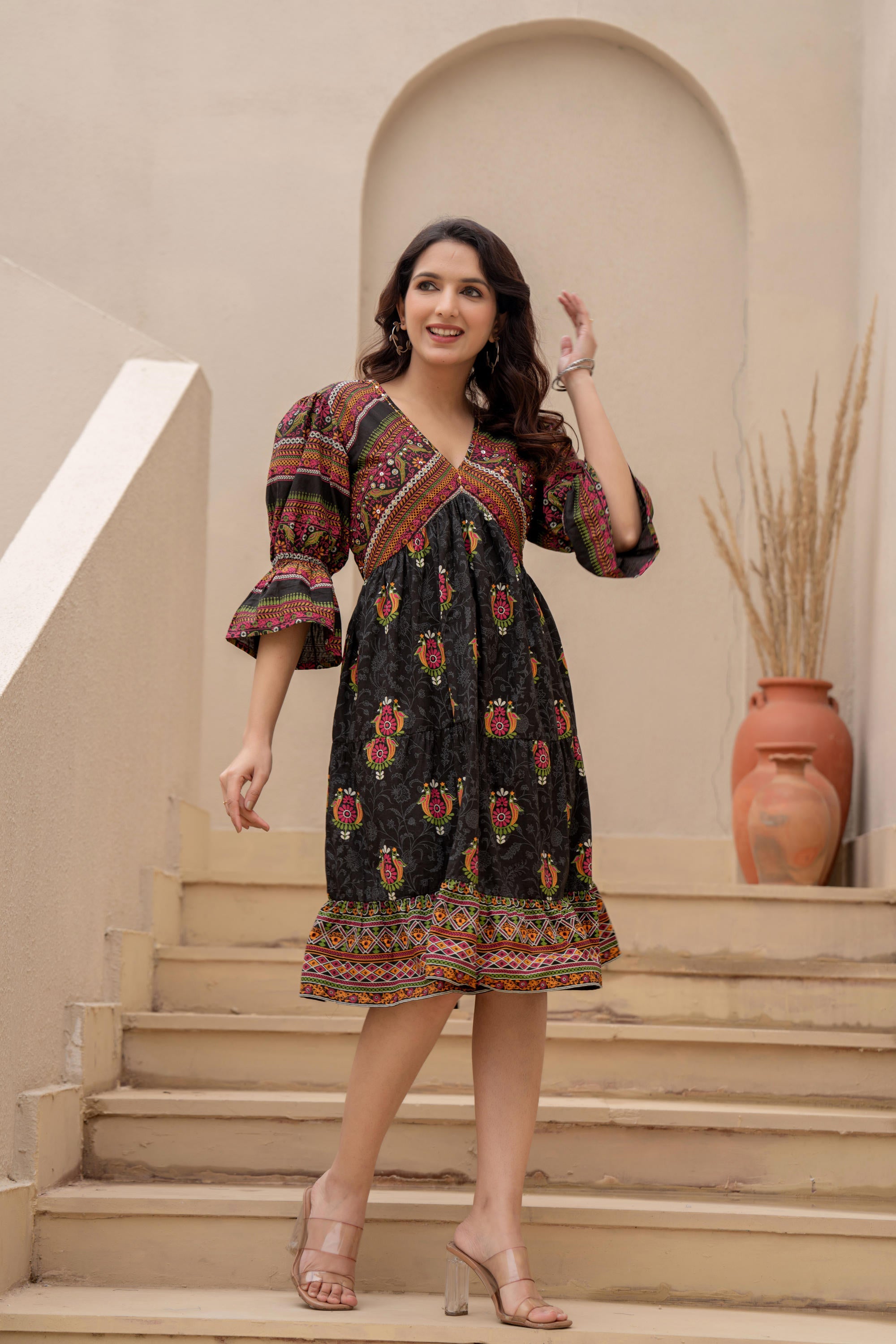 Black Printed Fit & Flare Dress with Tribal Border